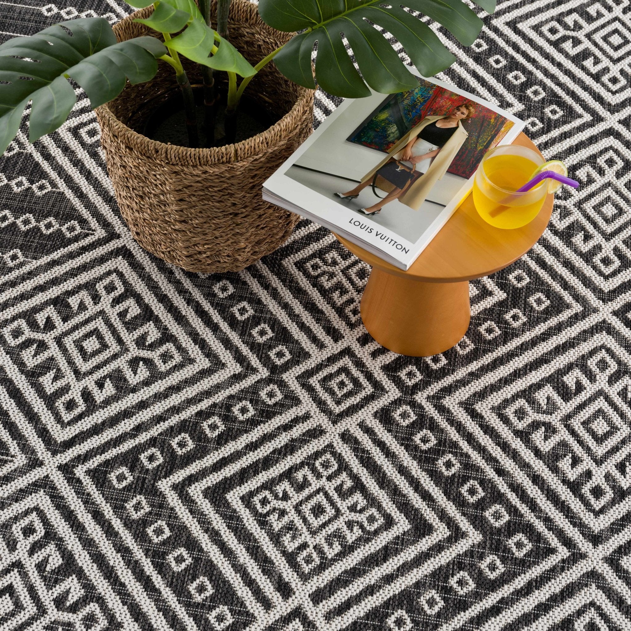 Tribal Design Charcoal And Ivory Traditional Ikat Design Outdoor Safe area Rug - Image 8