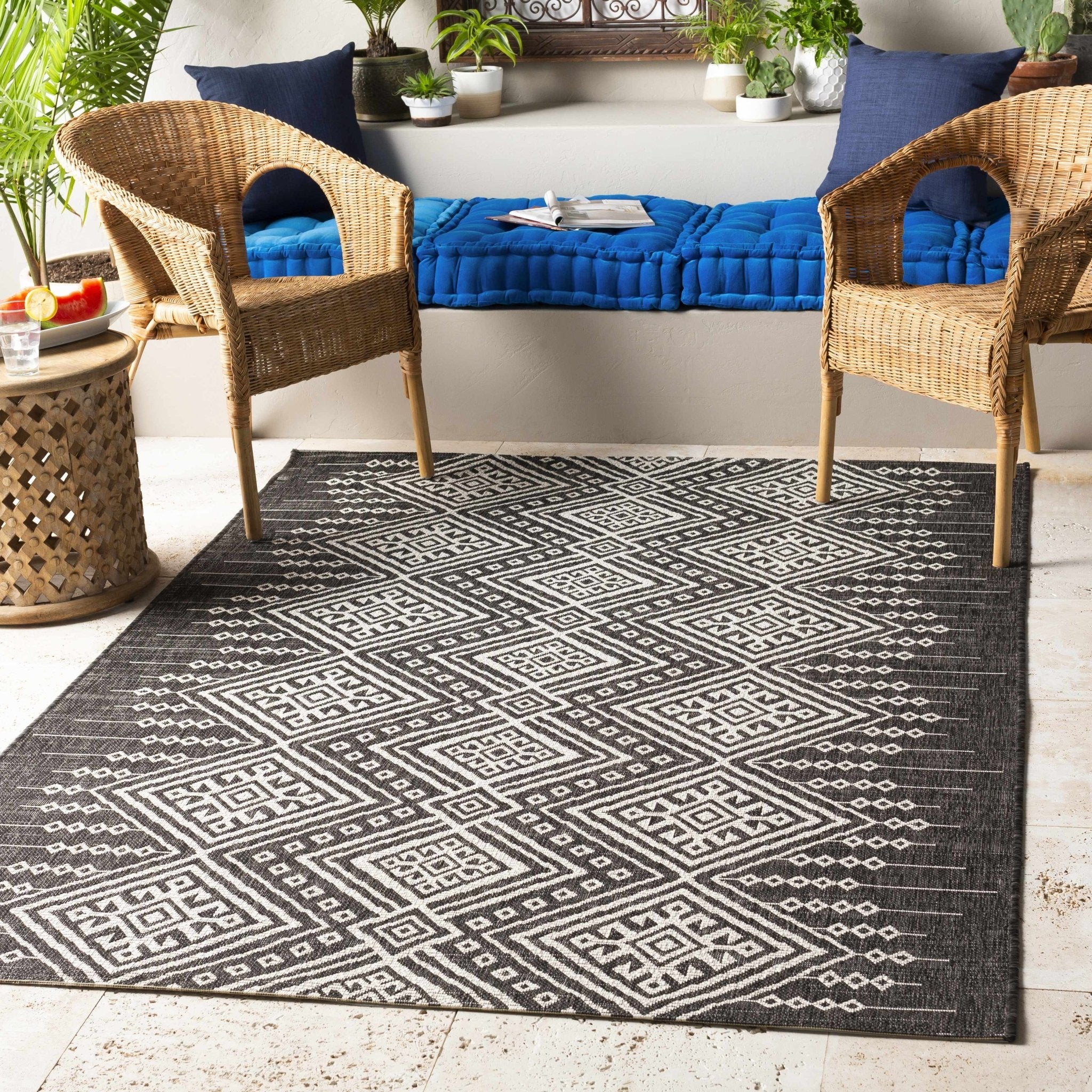 Tribal Design Charcoal And Ivory Traditional Ikat Design Outdoor Safe area Rug - Image 9