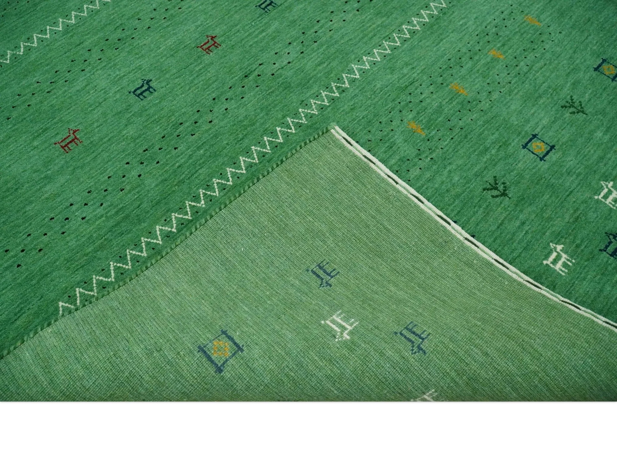 Tribal Design Green Custom Made Traditional Hand loom Wool Area Rug - Image 7