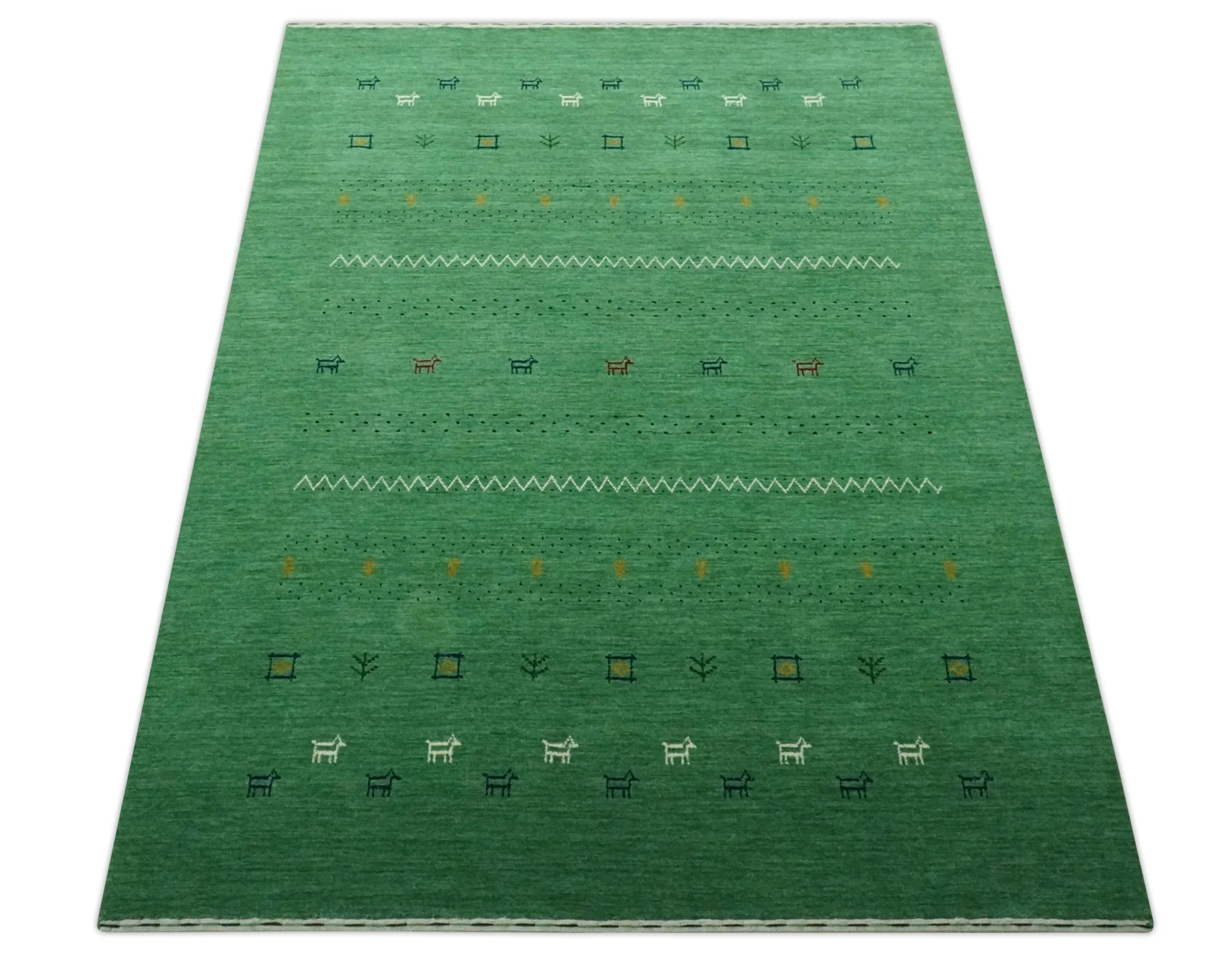 Tribal Design Green Traditional Hand loom 4.6x7 Wool Area Rug - Image 10