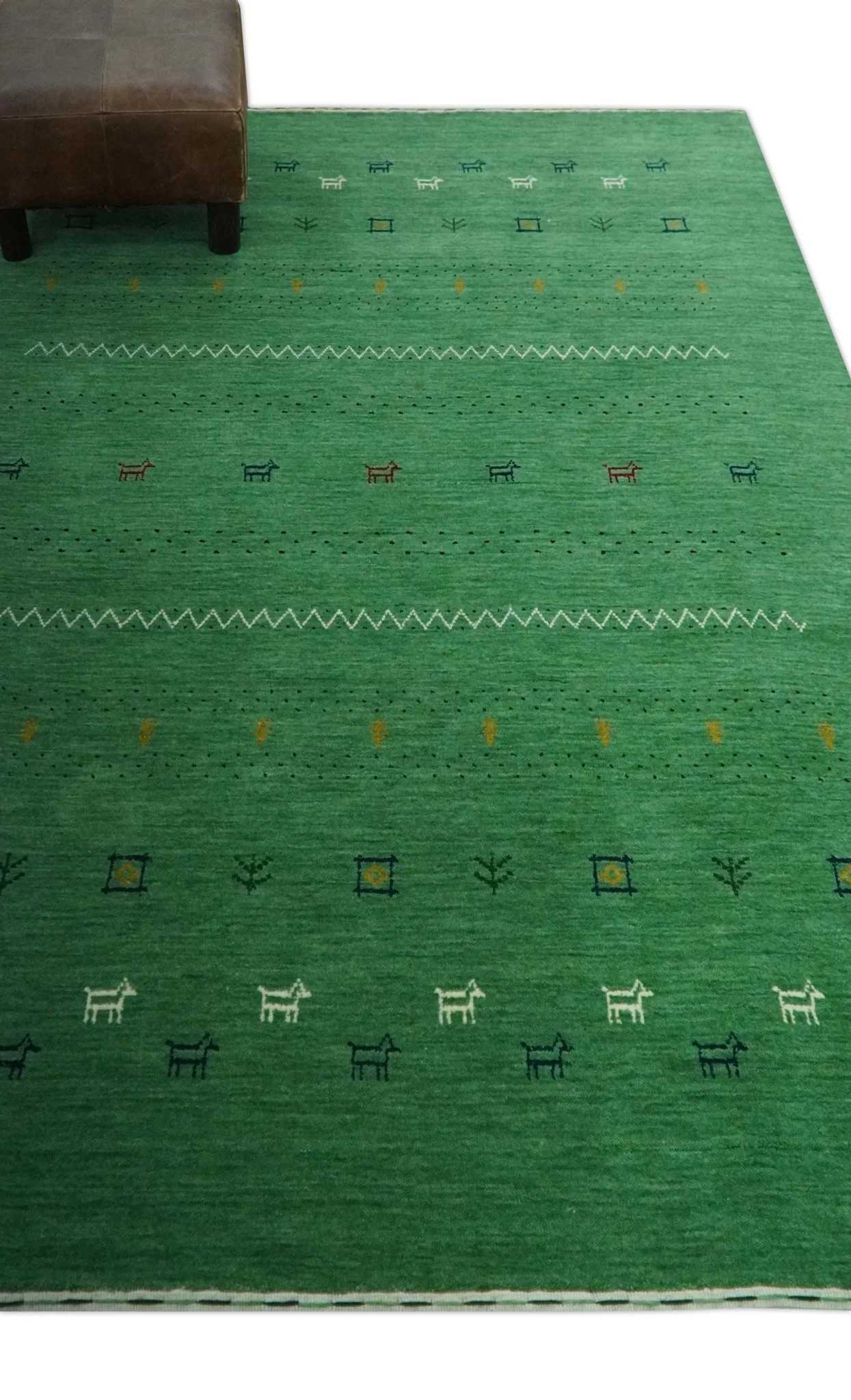 Tribal Design Green Traditional Hand loom 4.6x7 Wool Area Rug - Image 3