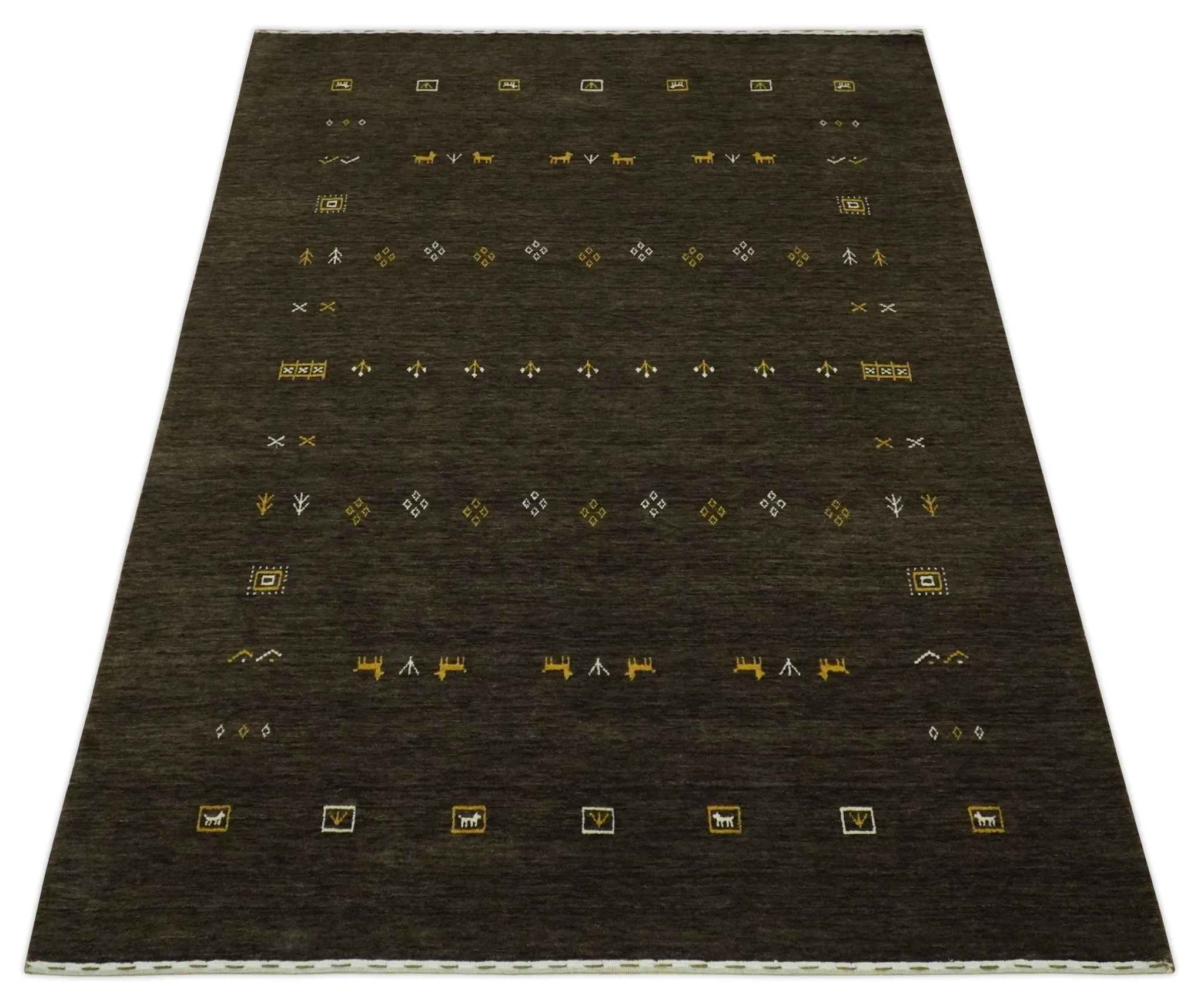 Tribal Design Greenish-Brown Traditional Hand loom 4.6x7 Wool Area Rug - Image 10