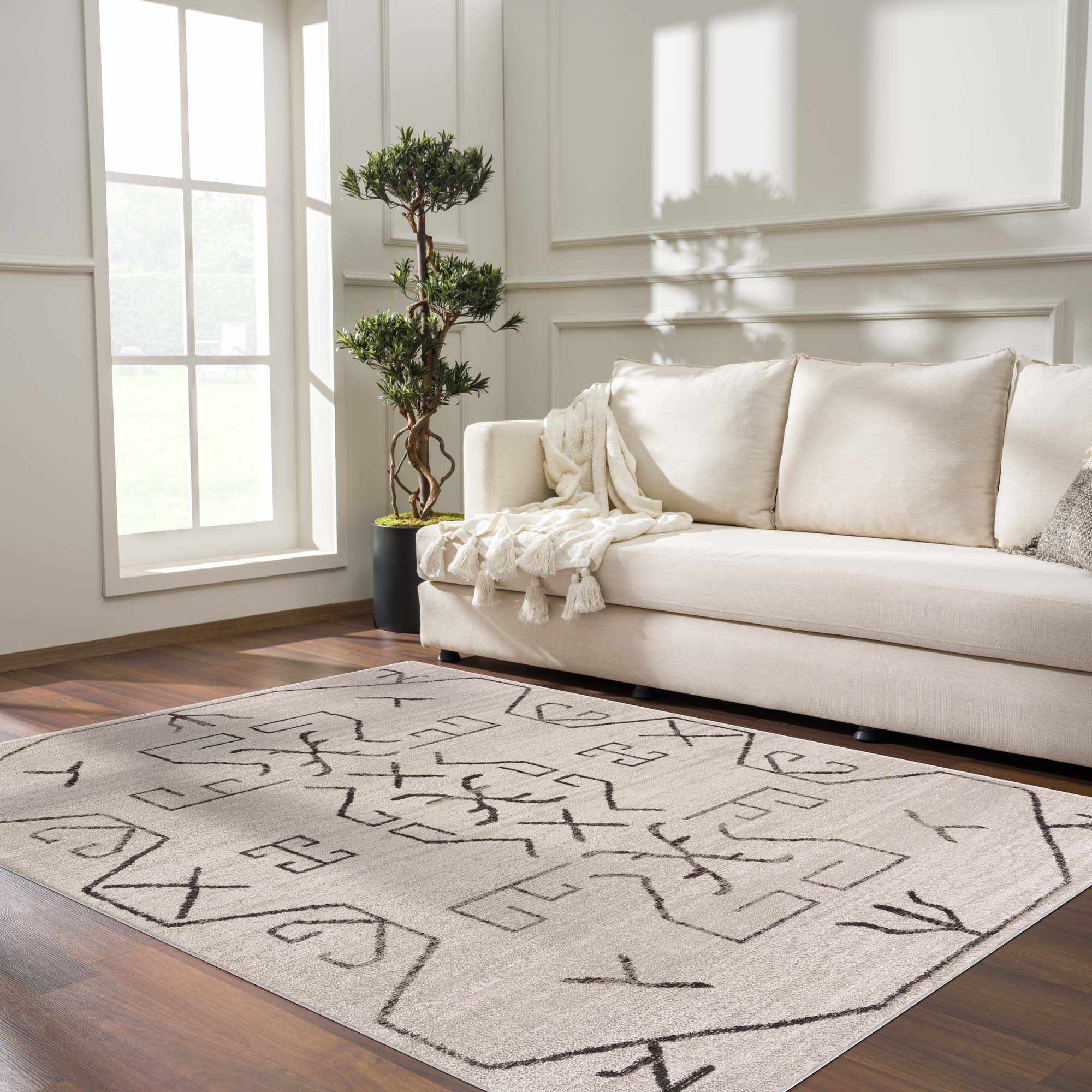 Tribal Design contemporary Light Peach and Charcoal Area Rug - Image 2