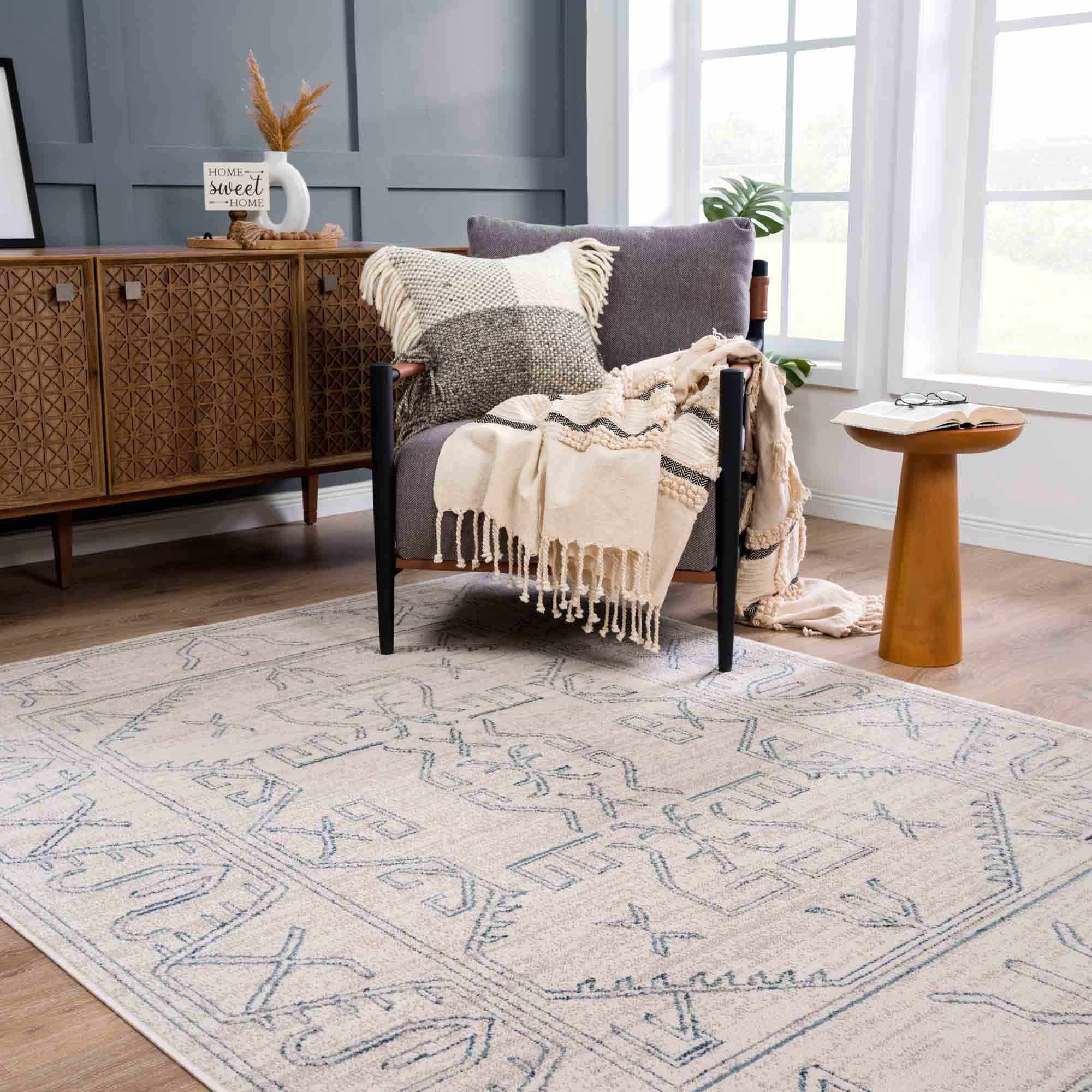 Tribal Design Light Peach and Teal Area Rug - Image 2