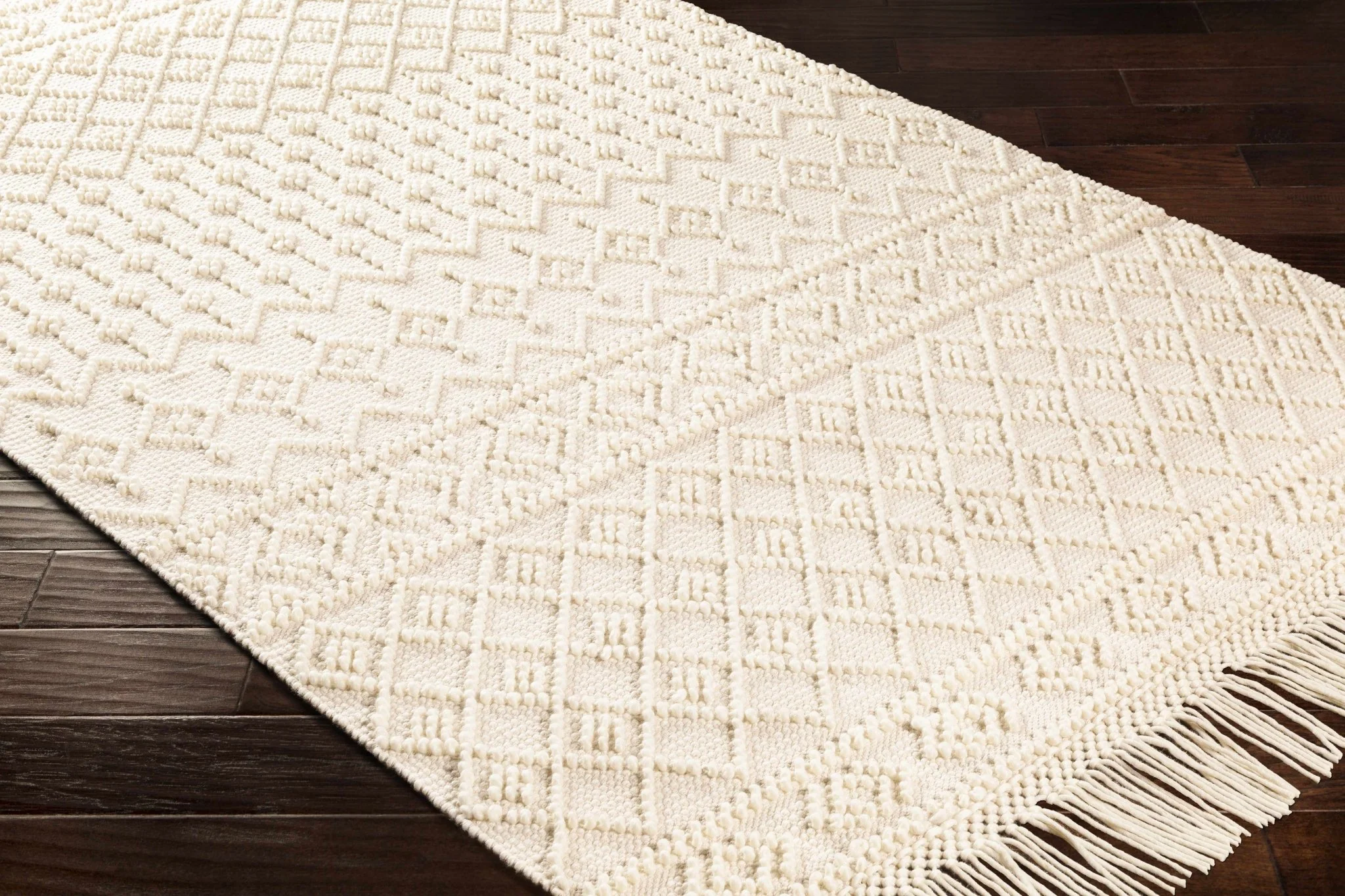 Tribal look Tassels Textured Beige, white Hand woven Wool and Cotton Area Rug - Image 10
