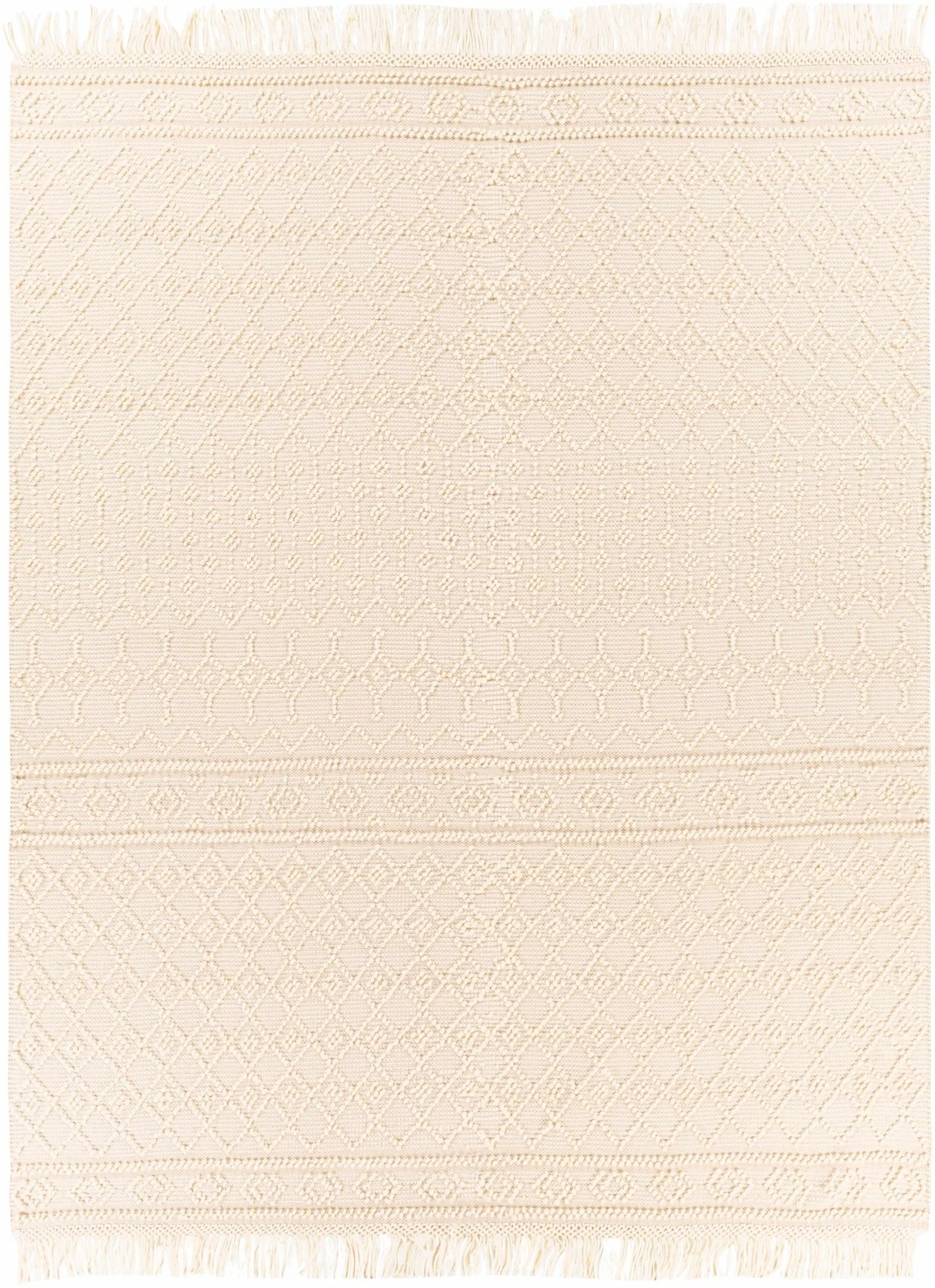 Tribal look Tassels Textured Beige, white Hand woven Wool and Cotton Area Rug - Image 12