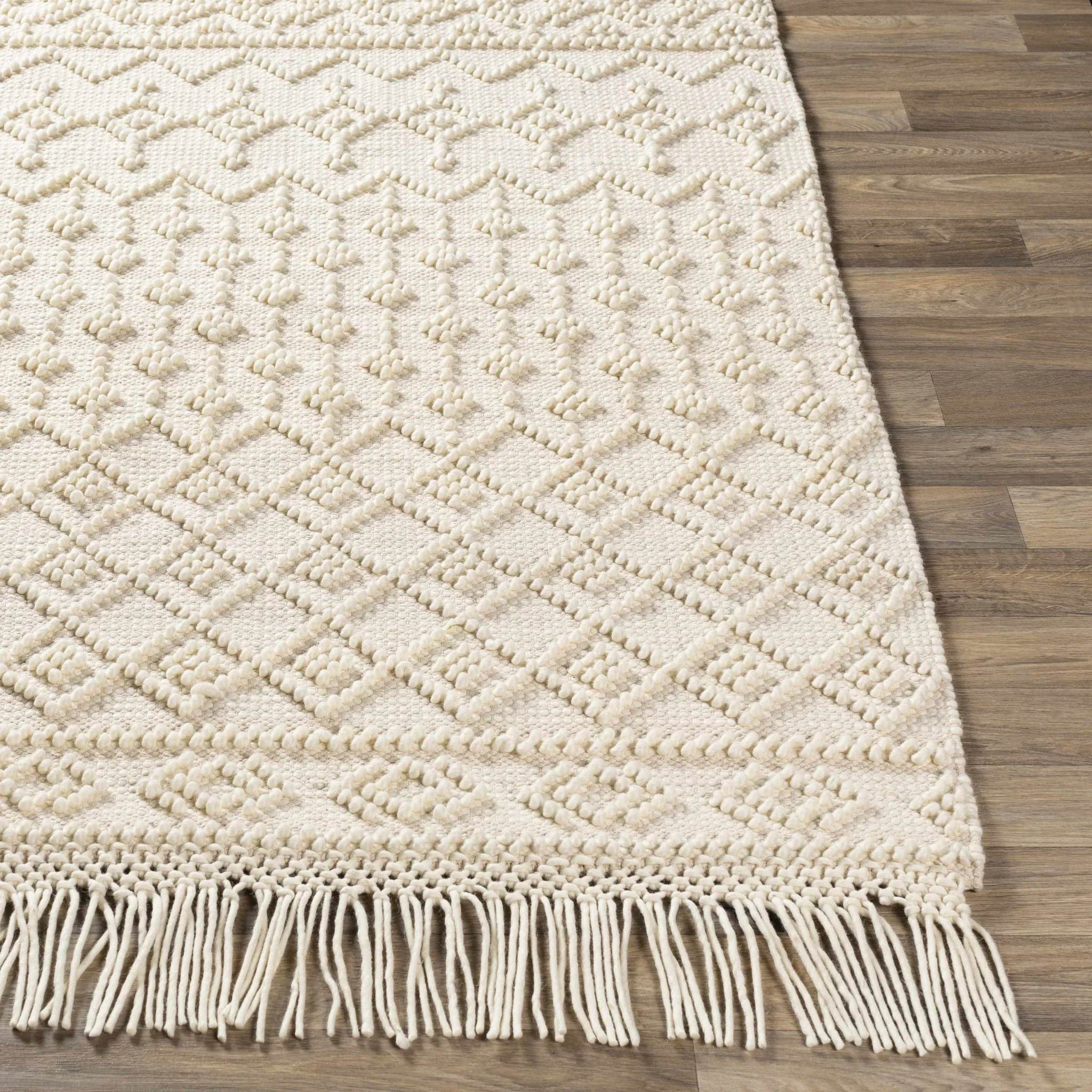 Tribal look Tassels Textured Beige, white Hand woven Wool and Cotton Area Rug - Image 3