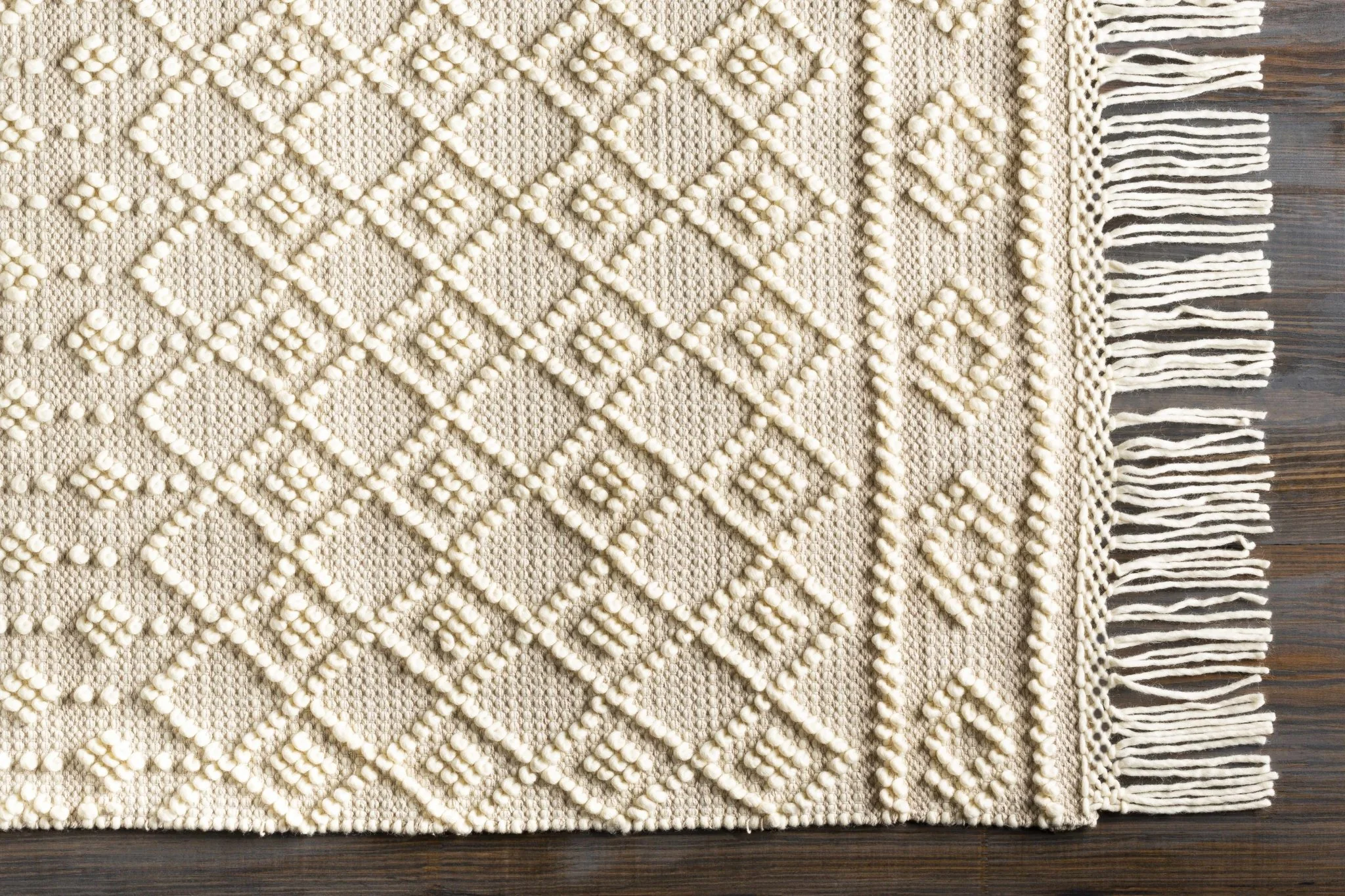 Tribal look Tassels Textured Beige, white Hand woven Wool and Cotton Area Rug - Image 6