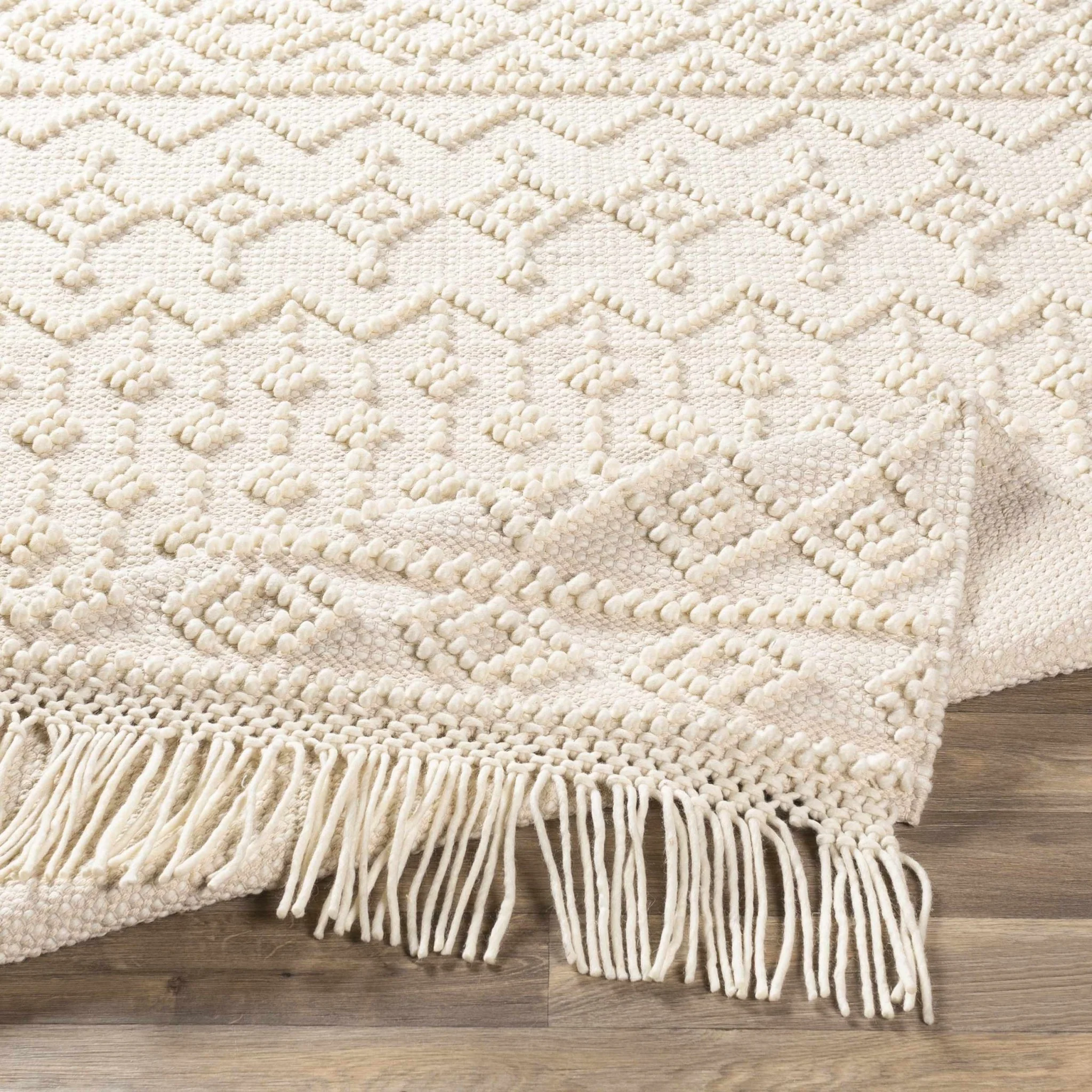 Tribal look Tassels Textured Beige, white Hand woven Wool and Cotton Area Rug - Image 9