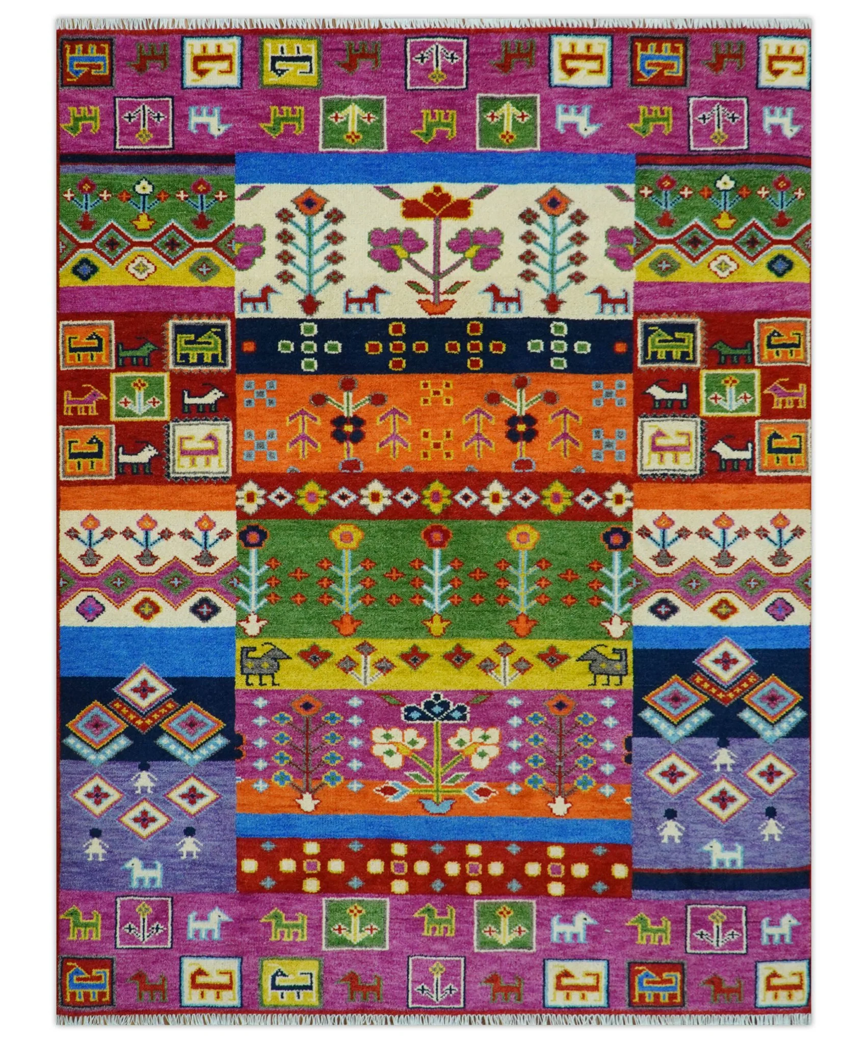Tribal Gabbeh Rust, Ivory, Green and Pink Hand knotted Antique Look Traditional Wool Area Rug - Image 11