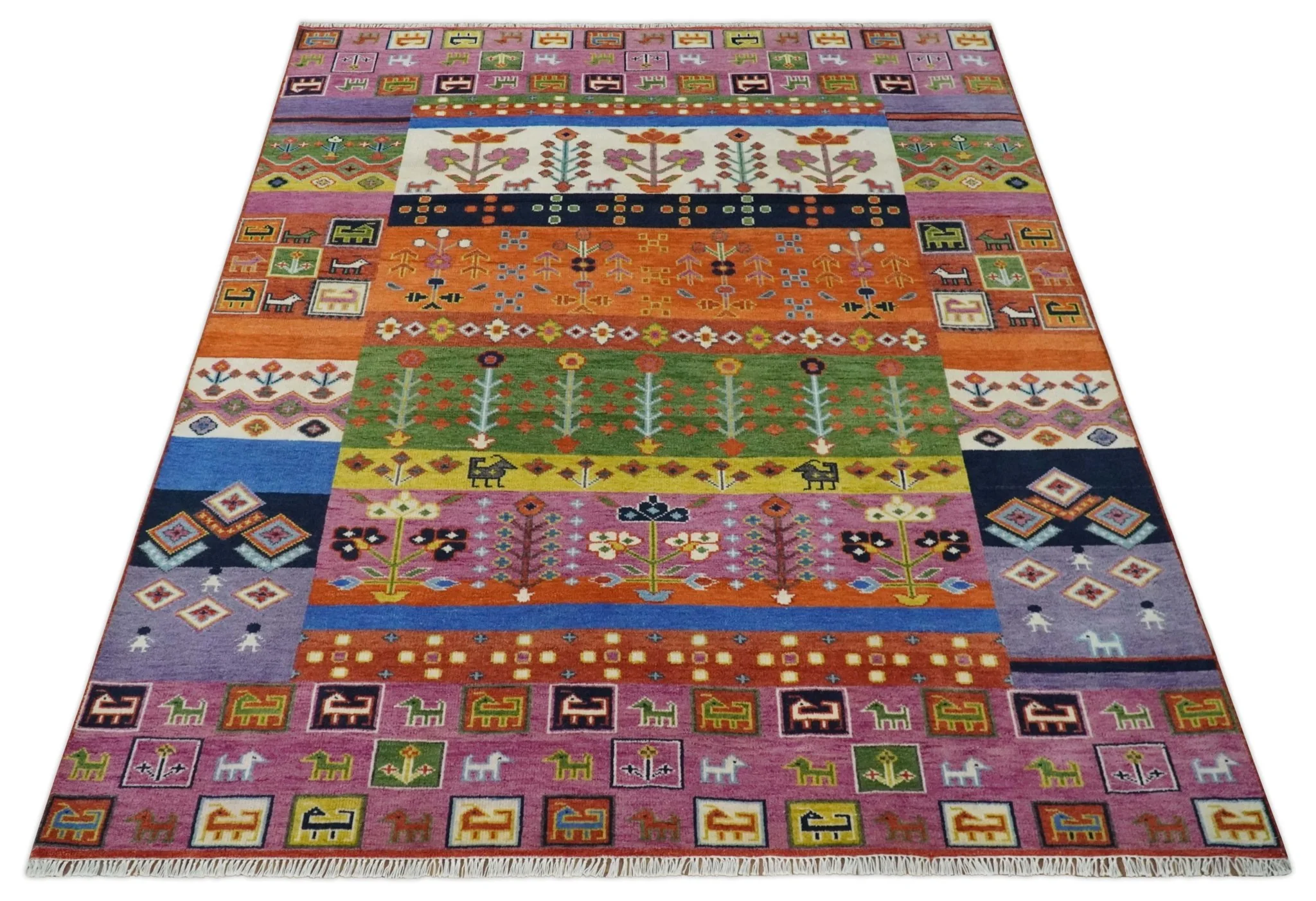 Tribal Gabbeh Rust, Ivory, Green and Pink Hand knotted Antique Look Traditional Wool Area Rug - Image 3