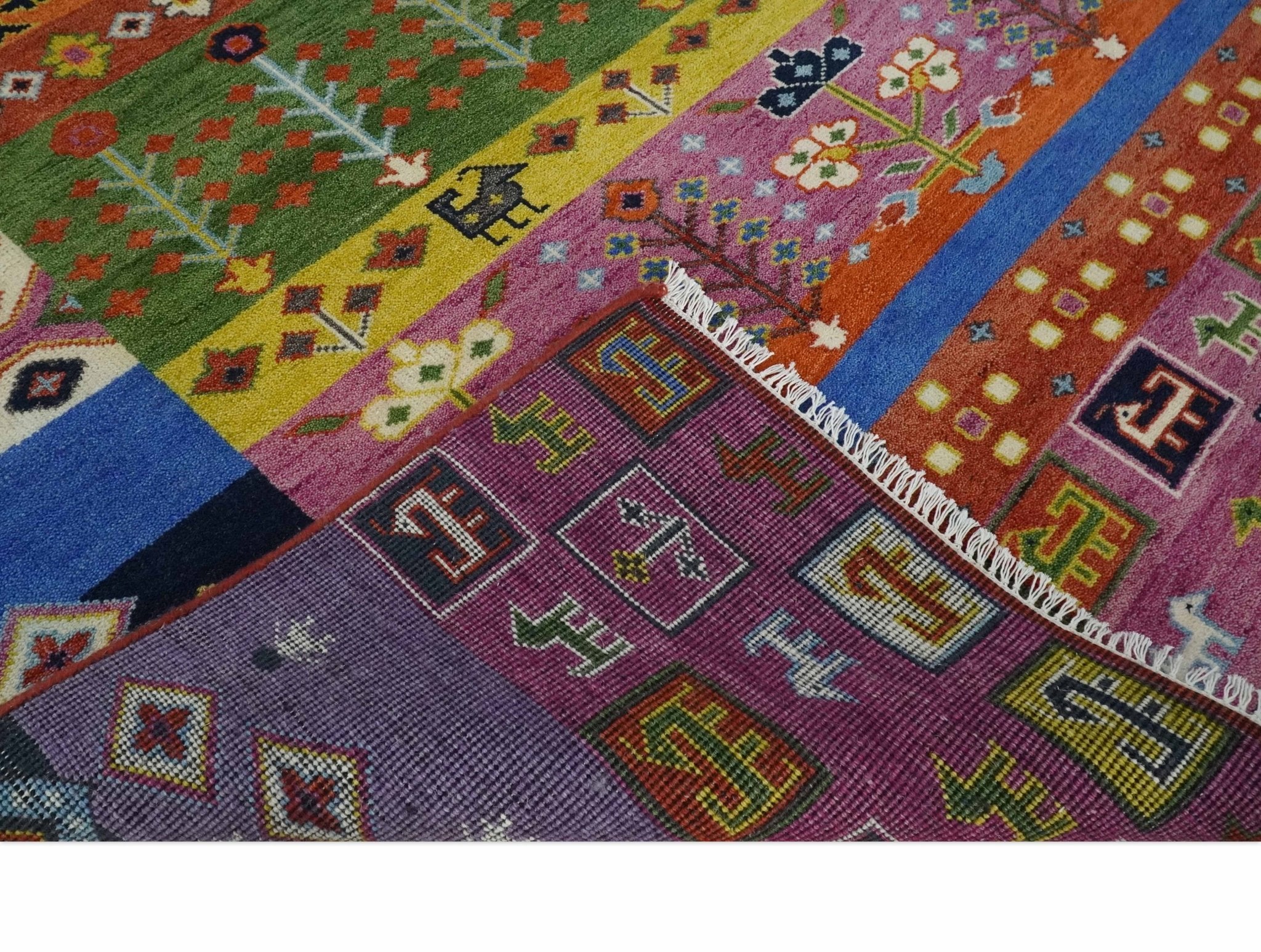Tribal Gabbeh Rust, Ivory, Green and Pink Hand knotted Antique Look Traditional Wool Area Rug - Image 5