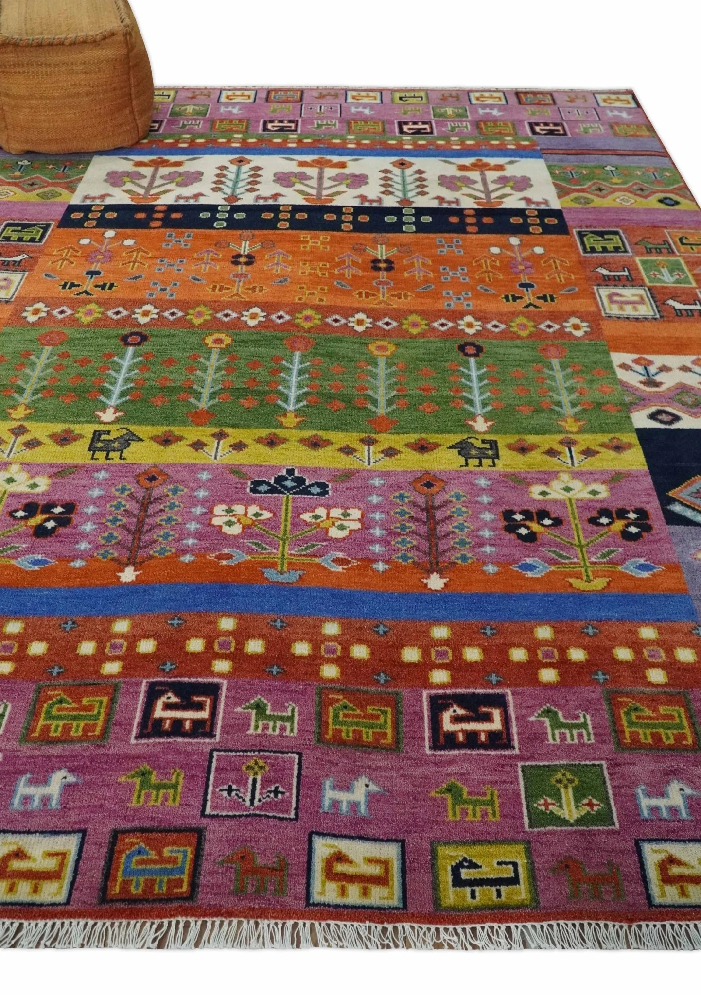 Tribal Gabbeh Rust, Ivory, Green and Pink Hand knotted Antique Look Traditional Wool Area Rug - Image 9