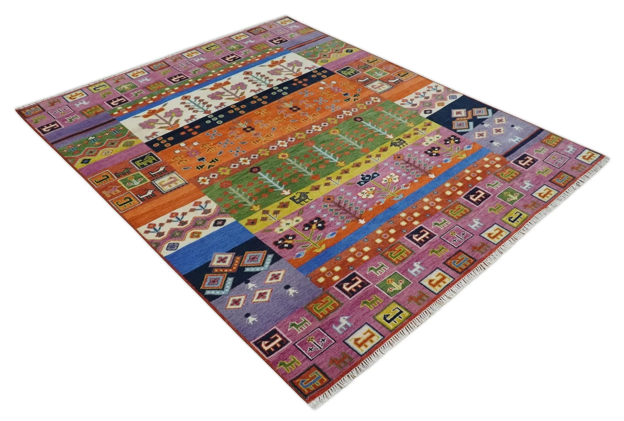 Tribal Gabbeh Rust, Ivory, Green and Pink Hand knotted 8x10 Antique Look Traditional Wool Area Rug - Image 3