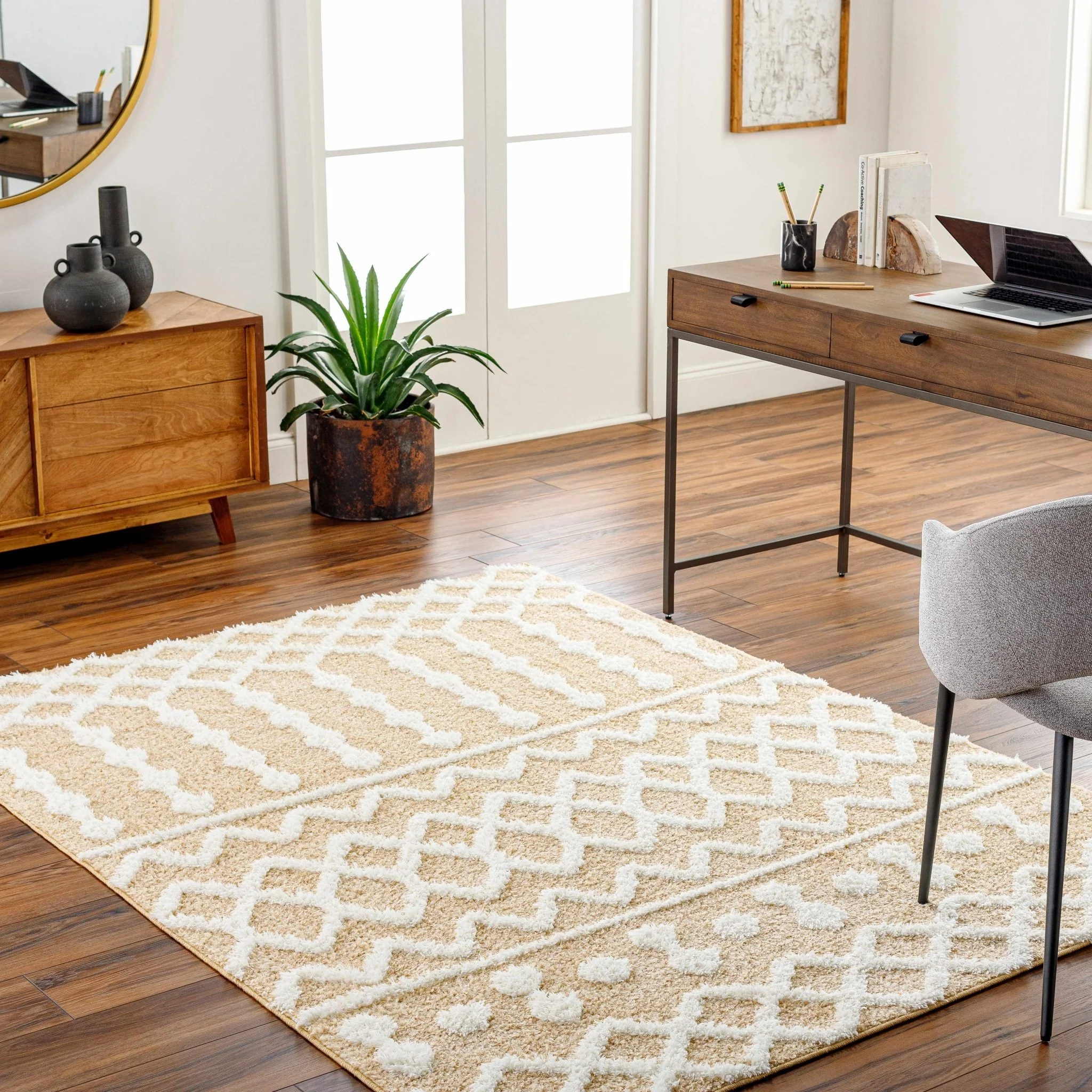 Tribal Trellis Camel and Ivory Plush Pile Machine Woven Area Rug - Image 6