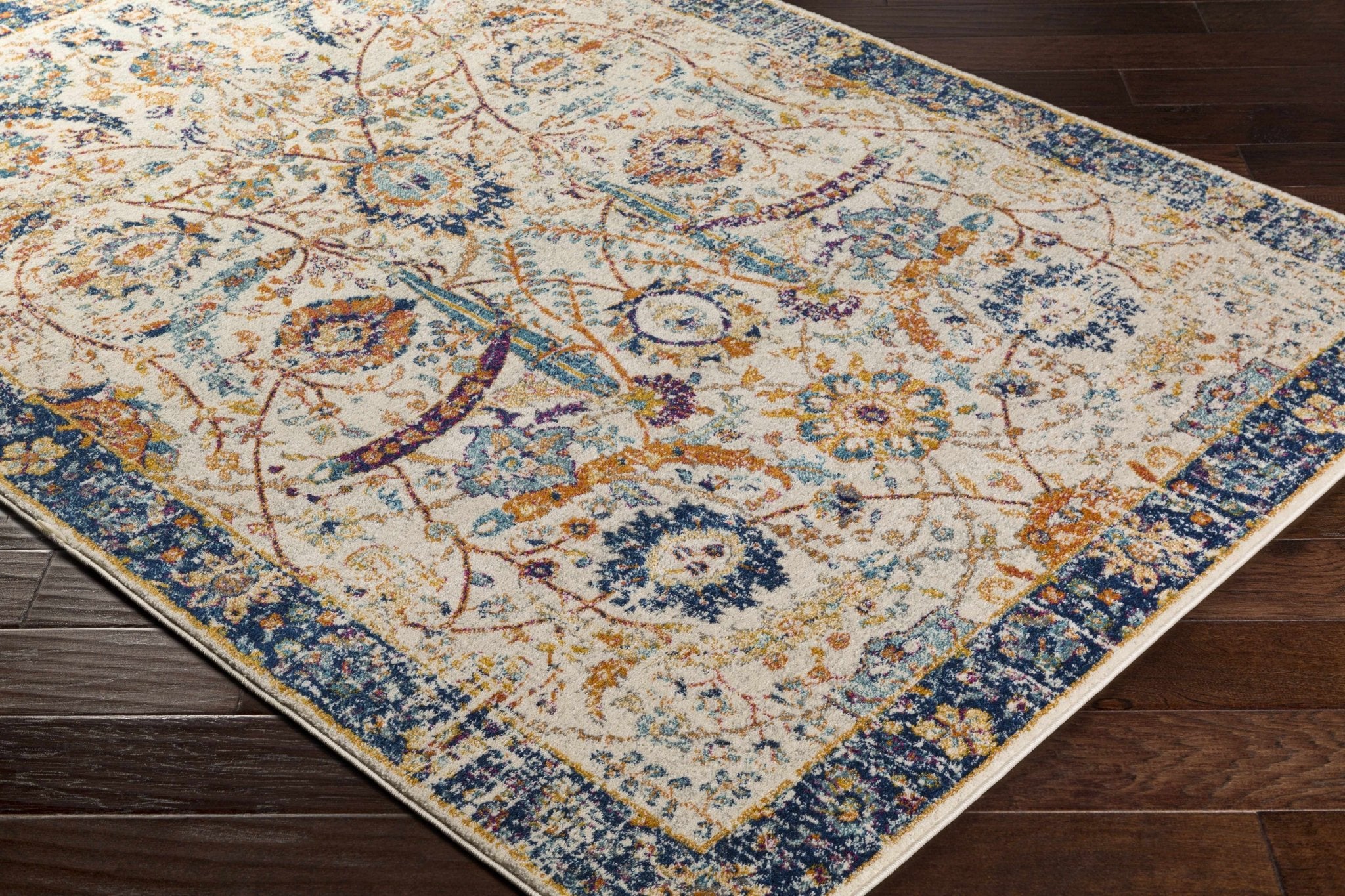 Traditional Turkish Design Beige, Navy, Mustered, Gold and Pink Medium Pile Area Rug - Image 4