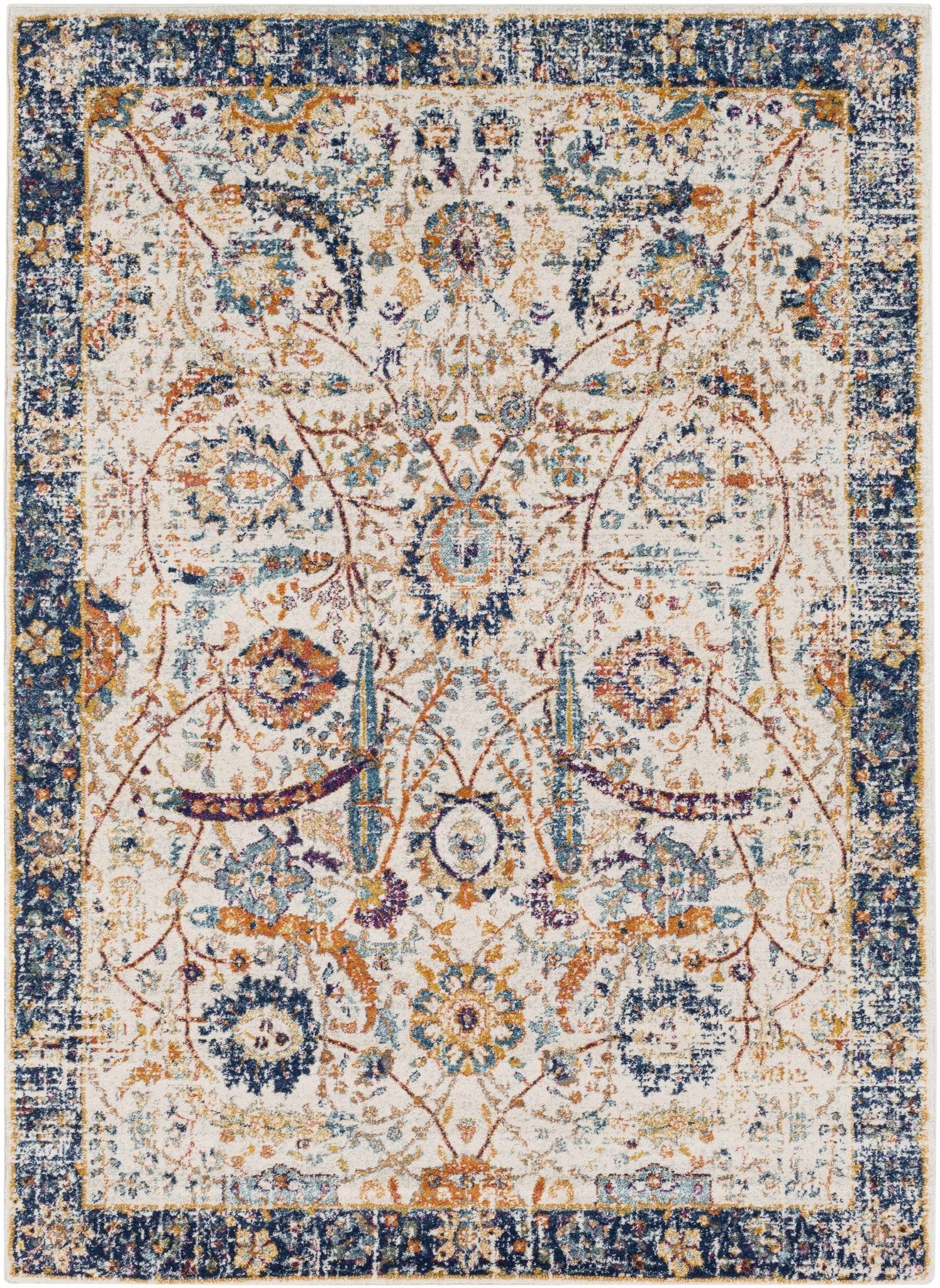 Traditional Turkish Design Beige, Navy, Mustered, Gold and Pink Medium Pile Area Rug - Image 7
