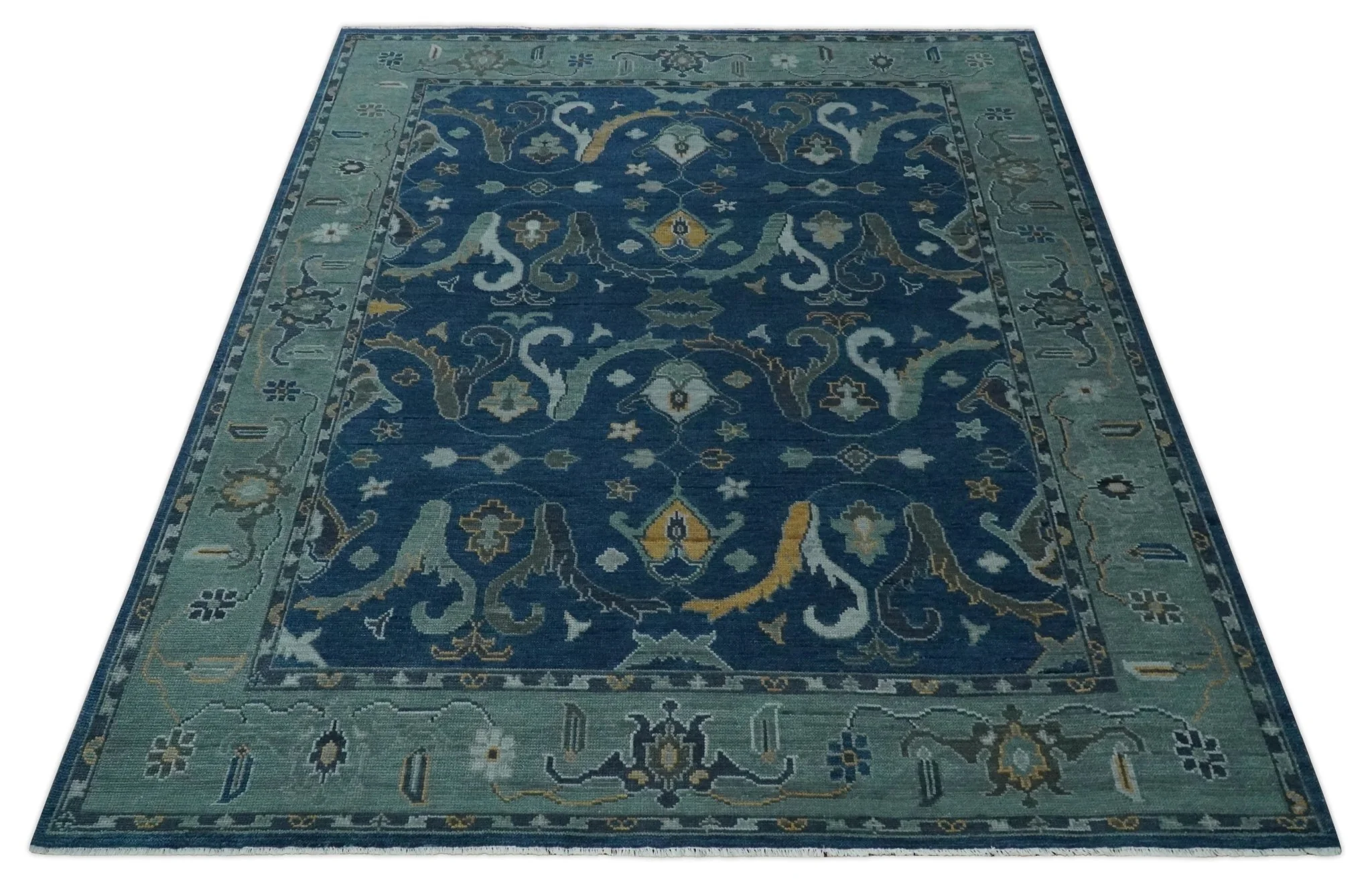 Traditional Turkish Design Hand Knotted Oriental Oushak Blue and Aqua Wool Area Rug - Image 10