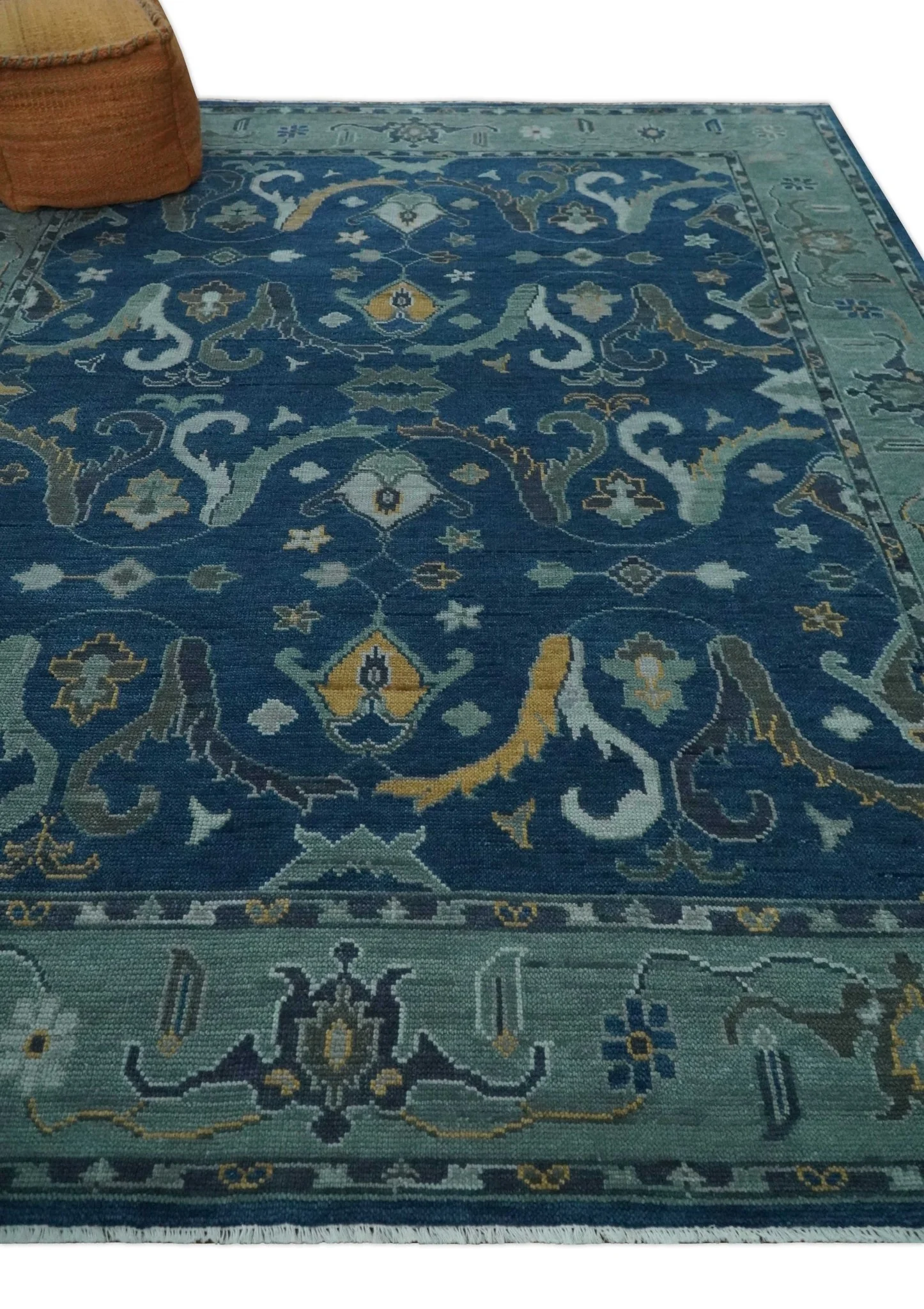 Traditional Turkish Design Hand Knotted Oriental Oushak Blue and Aqua Wool Area Rug - Image 3