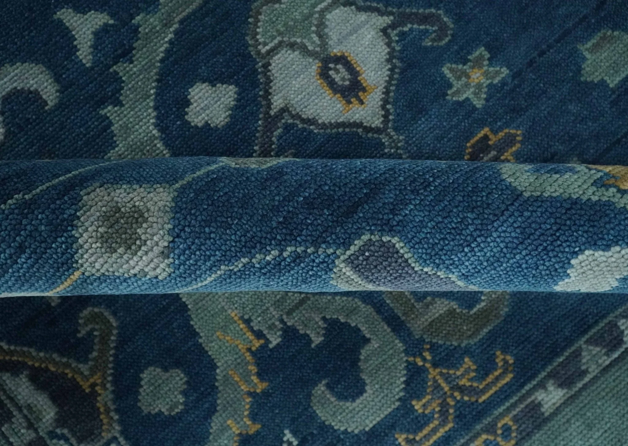 Traditional Turkish Design Hand Knotted Oriental Oushak Blue and Aqua Wool Area Rug - Image 6