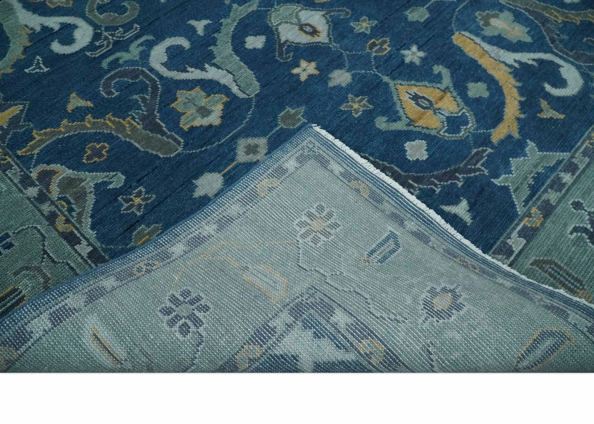 Traditional Turkish Design Hand Knotted Oriental Oushak Blue and Aqua Wool Area Rug - Image 7