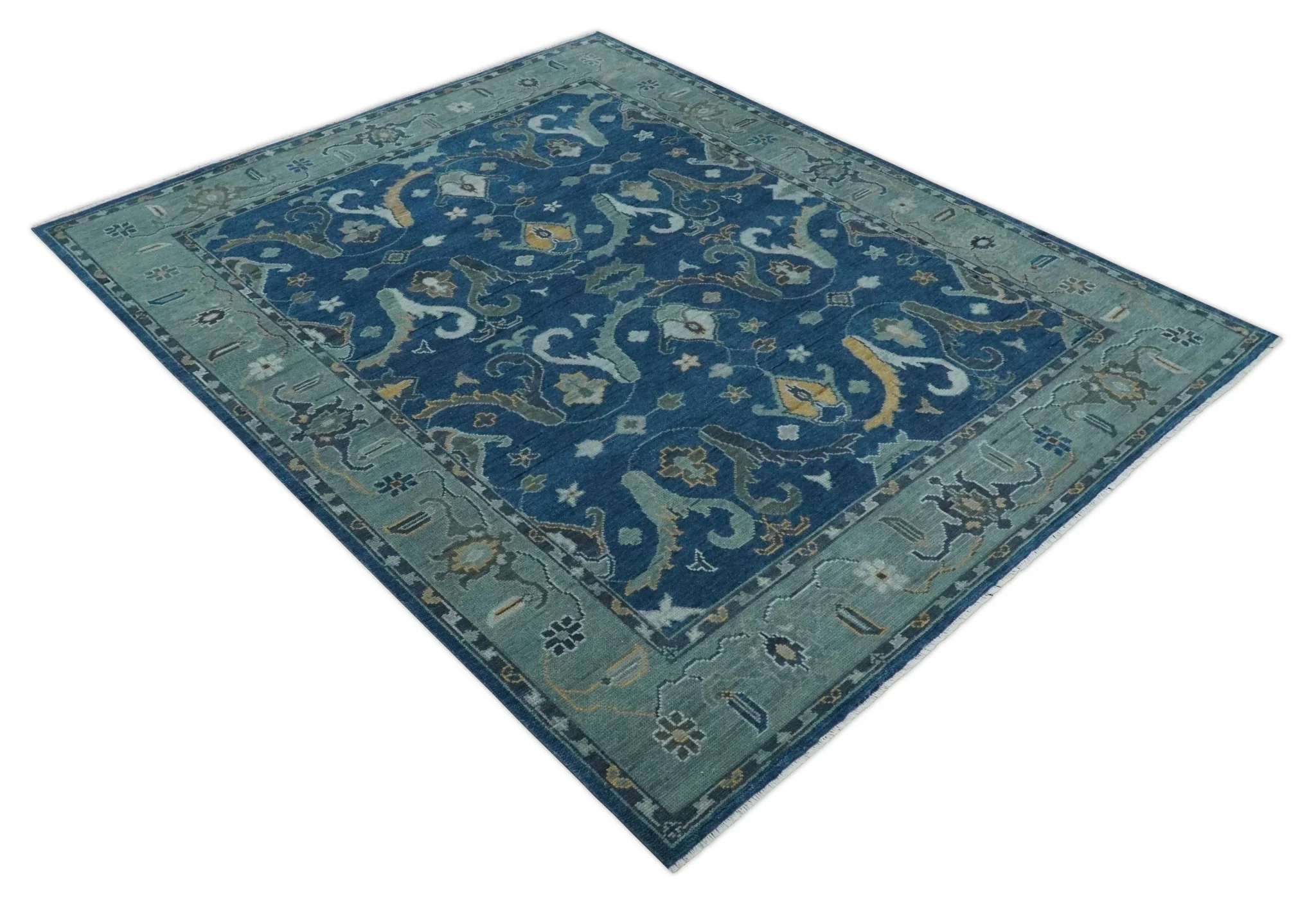 Traditional Turkish Design Hand Knotted Oriental Oushak Blue and Aqua Wool Area Rug - Image 9