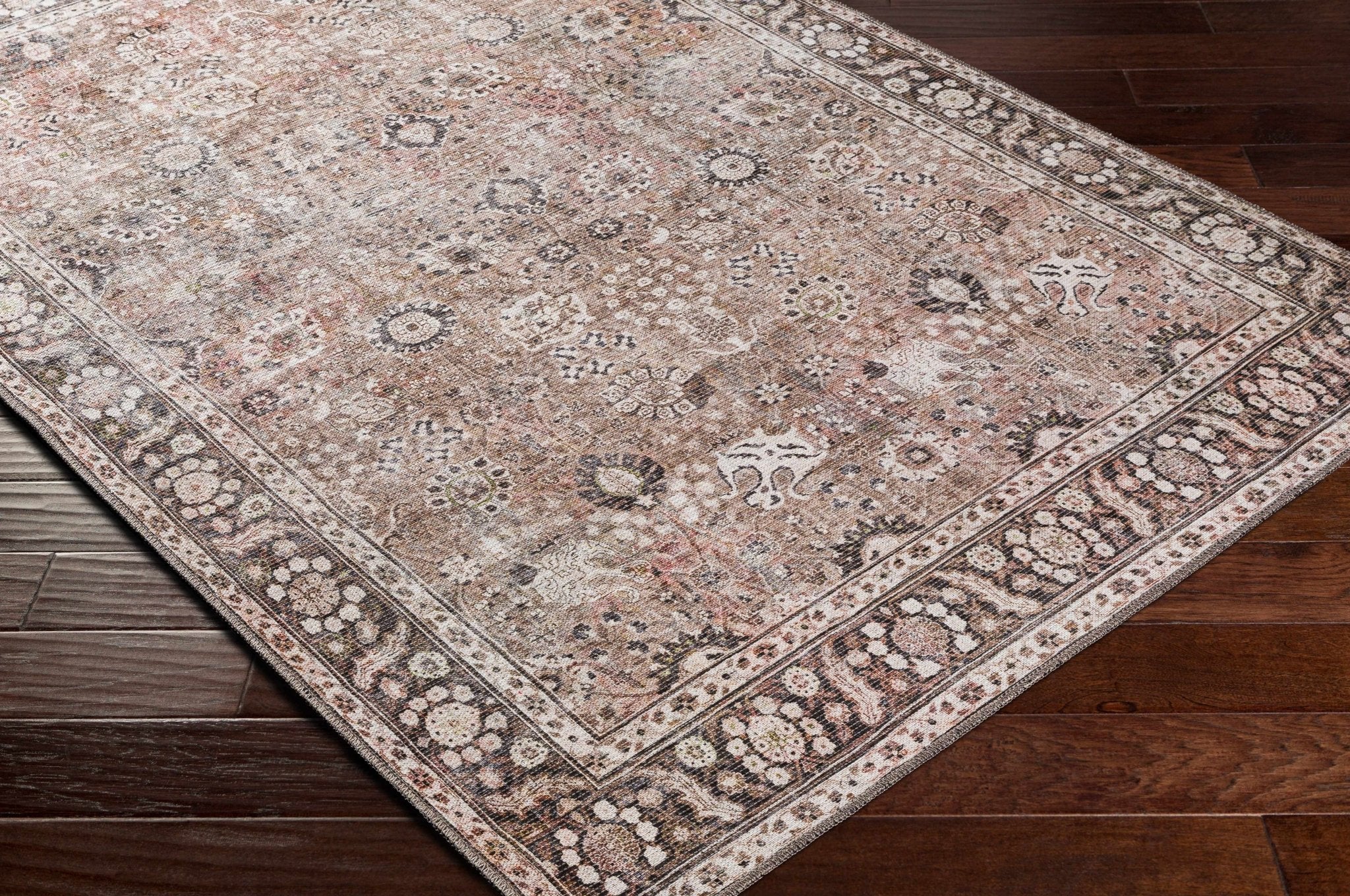 Traditional Turkish Floral Ivory, Brown and Charcoal Multi Size Machine Washable  Rug - Image 13