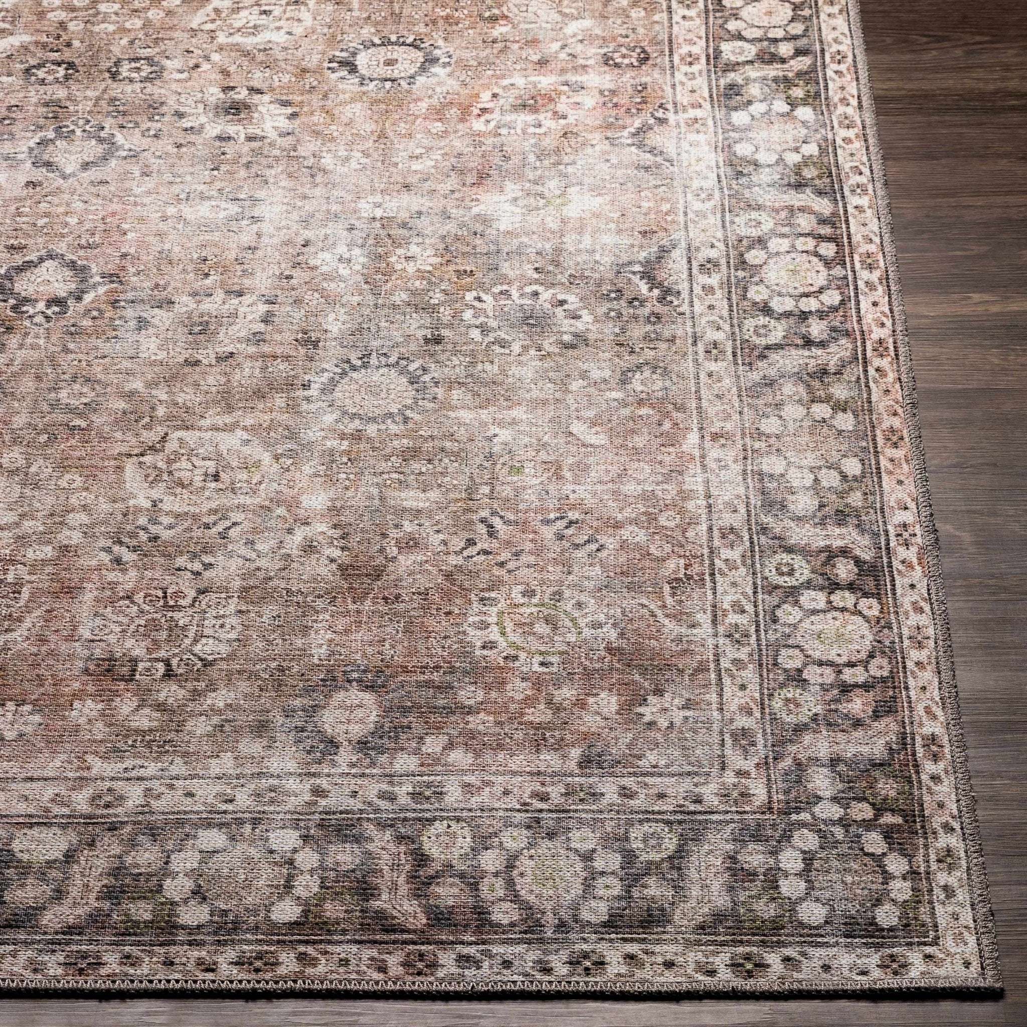 Traditional Turkish Floral Ivory, Brown and Charcoal Multi Size Machine Washable  Rug - Image 14
