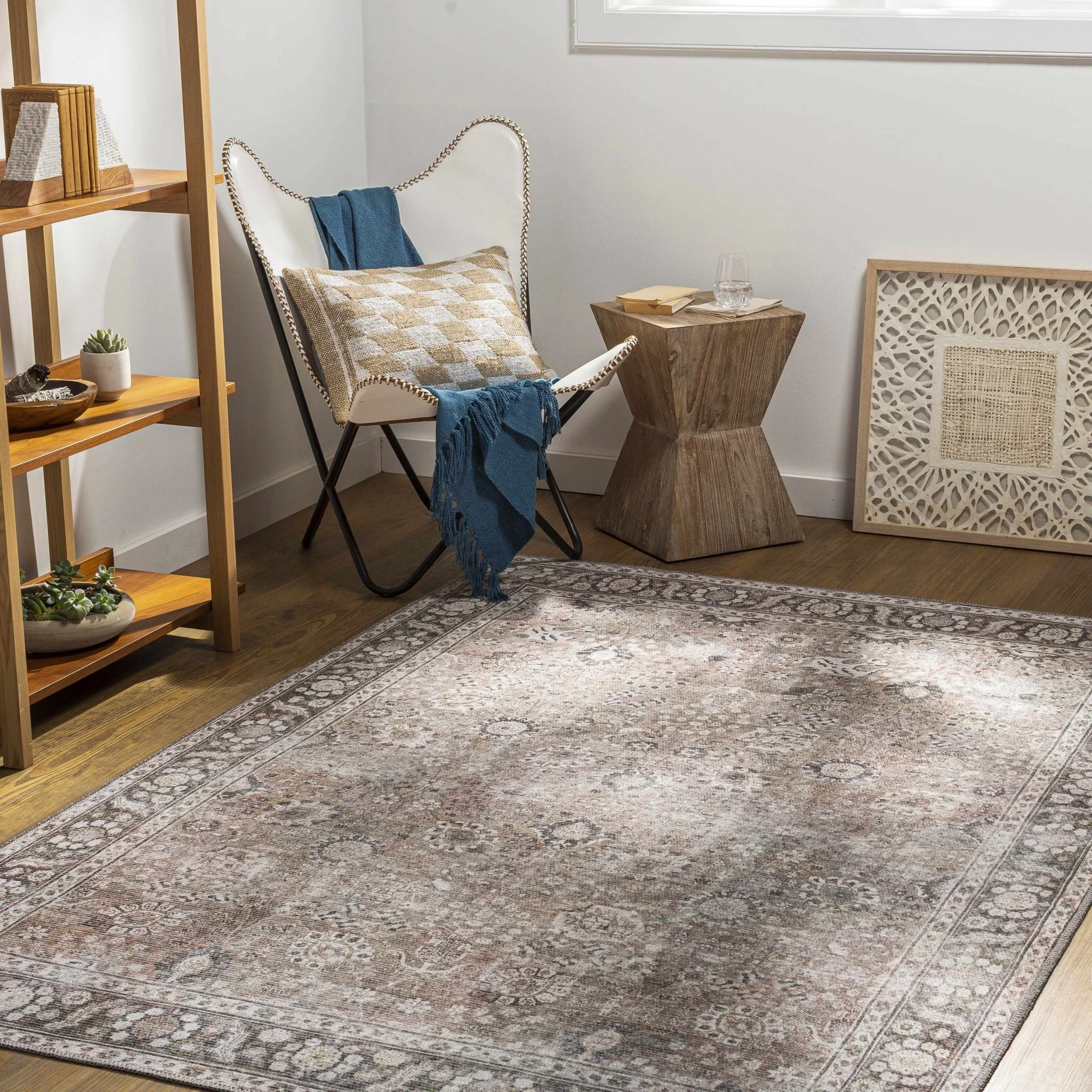 Traditional Turkish Floral Ivory, Brown and Charcoal Multi Size Machine Washable  Rug - Image 9