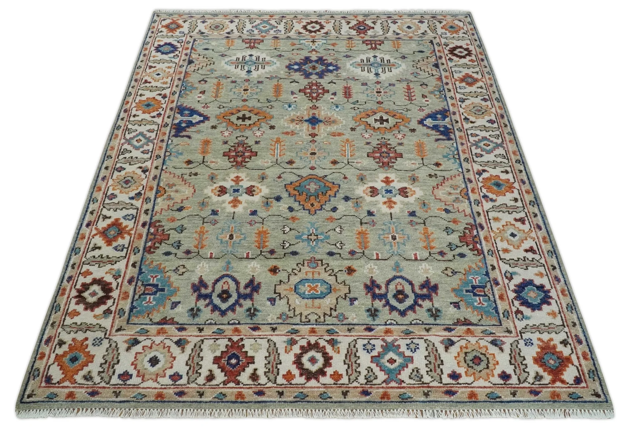 Turkish Knot Antique Green and Ivory Traditional Multi Size Hand knotted Oushak Rug - Image 10