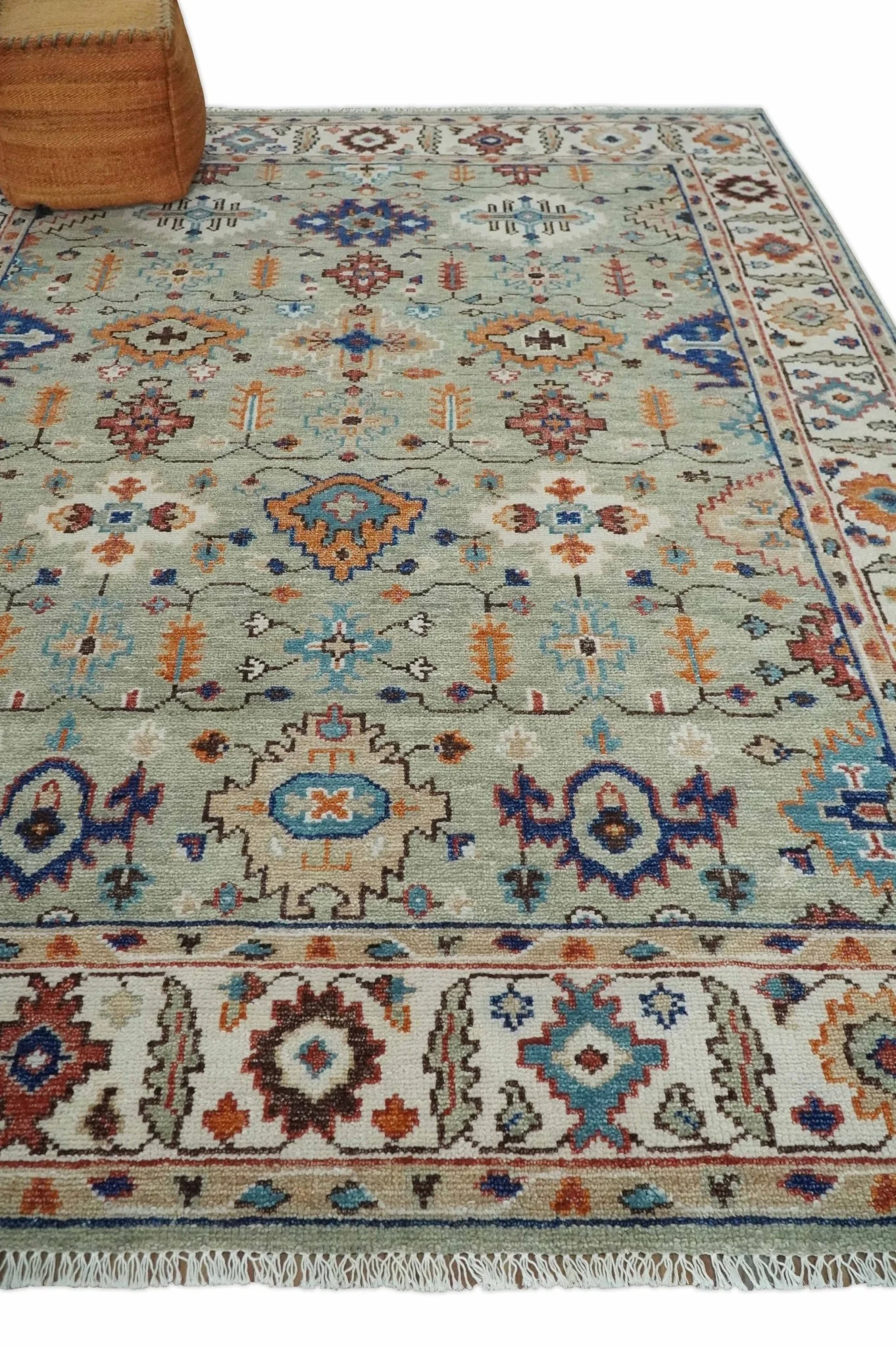 Turkish Knot Antique Green and Ivory Traditional Multi Size Hand knotted Oushak Rug - Image 3