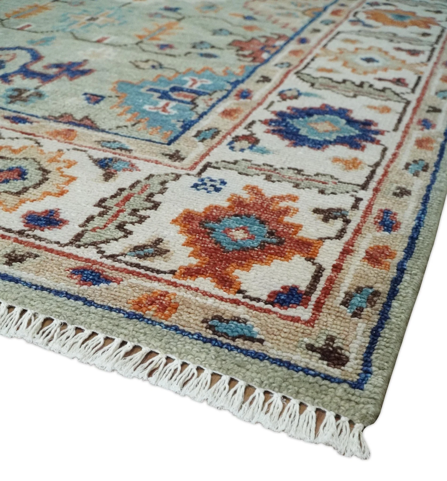 Turkish Knot Antique Green and Ivory Traditional Multi Size Hand knotted Oushak Rug - Image 5