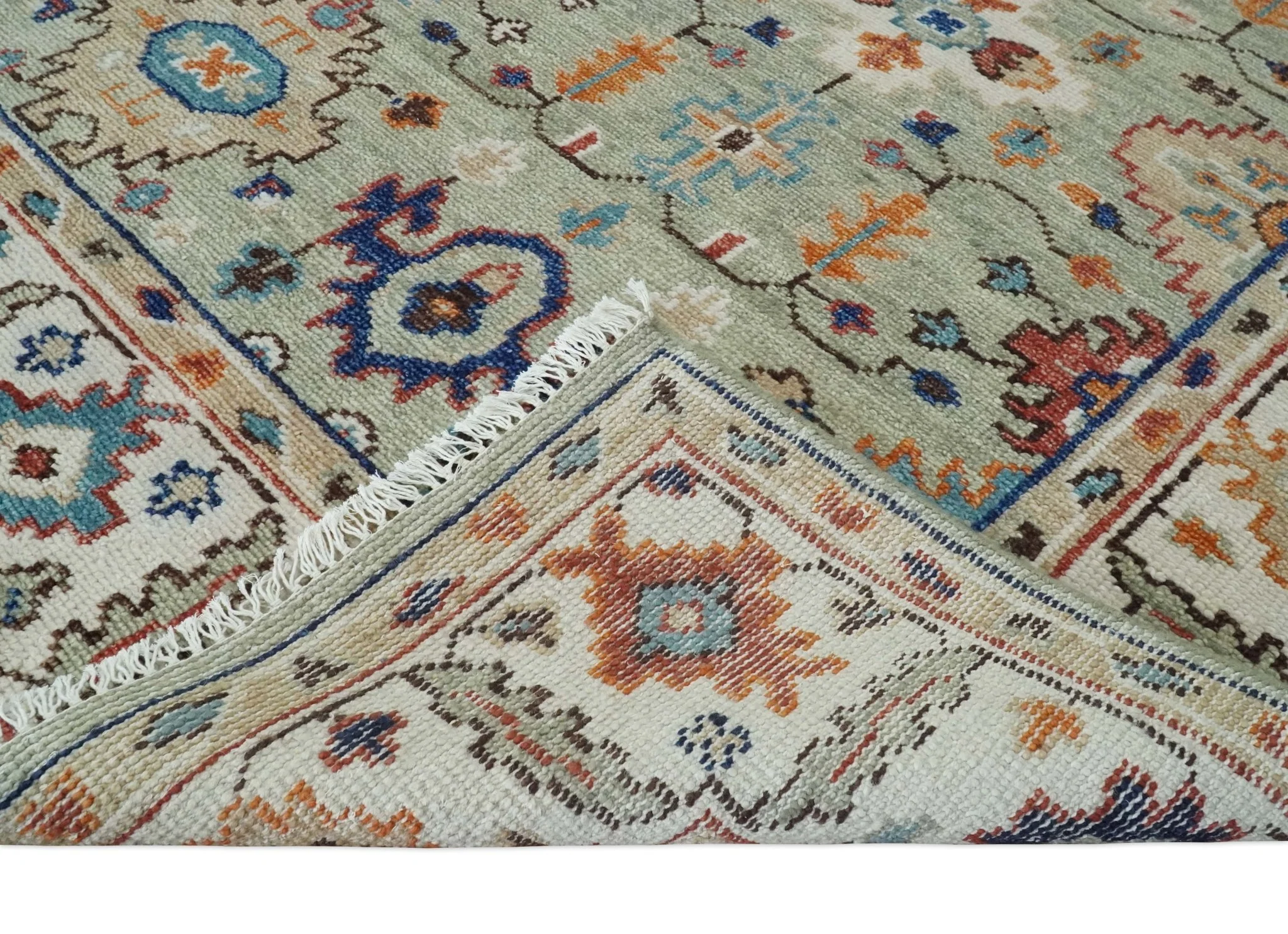 Turkish Knot Antique Green and Ivory Traditional Multi Size Hand knotted Oushak Rug - Image 6