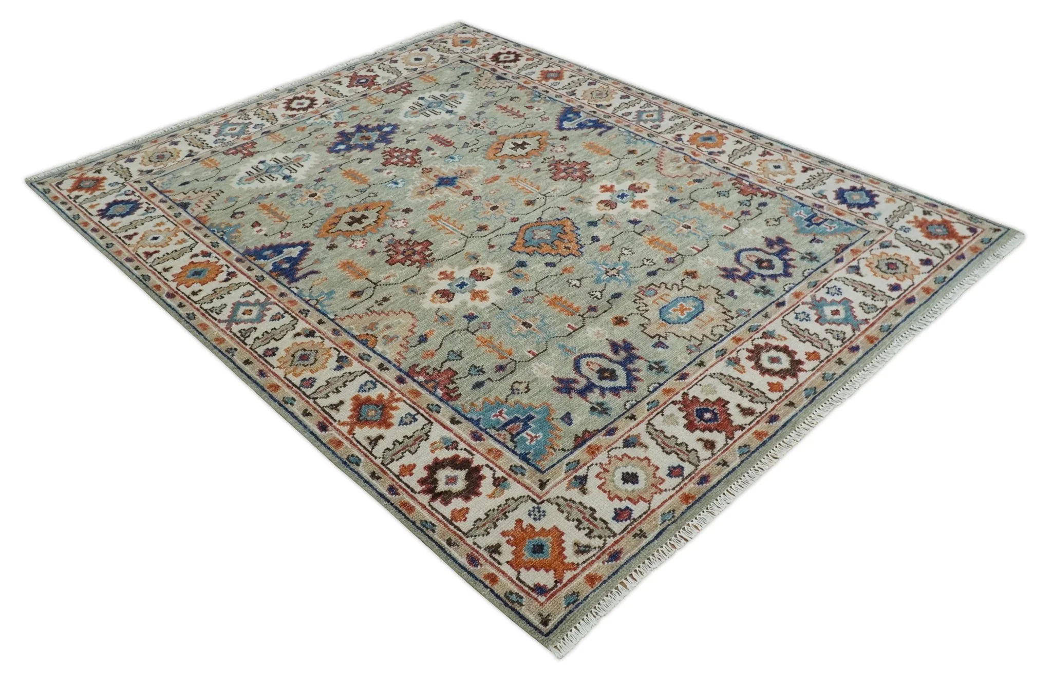 Turkish Knot Antique Green and Ivory Traditional Multi Size Hand knotted Oushak Rug - Image 9