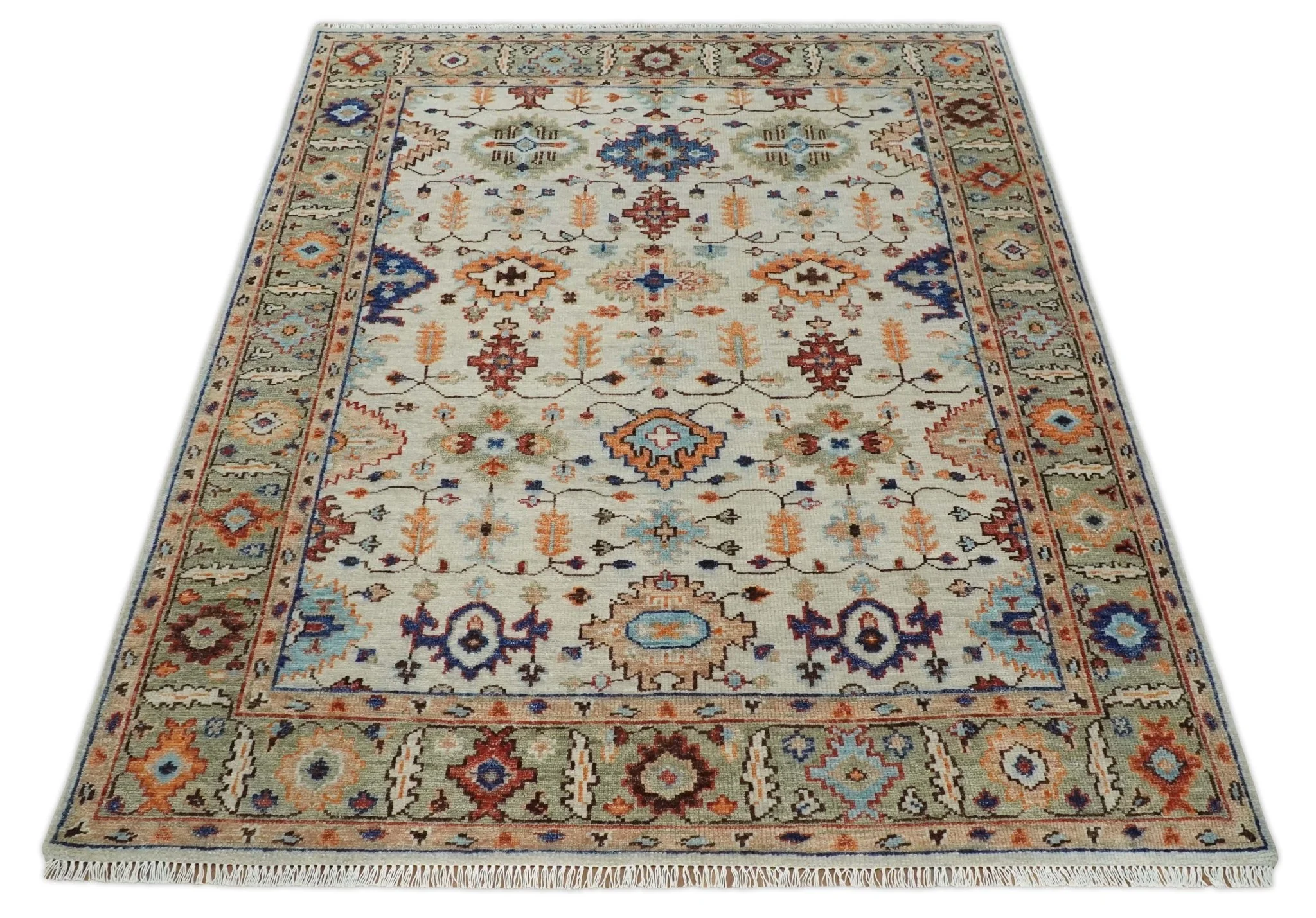 Turkish Knot Ivory and Green Colorful Traditional Multi Size Hand knotted Oushak Rug - Image 10