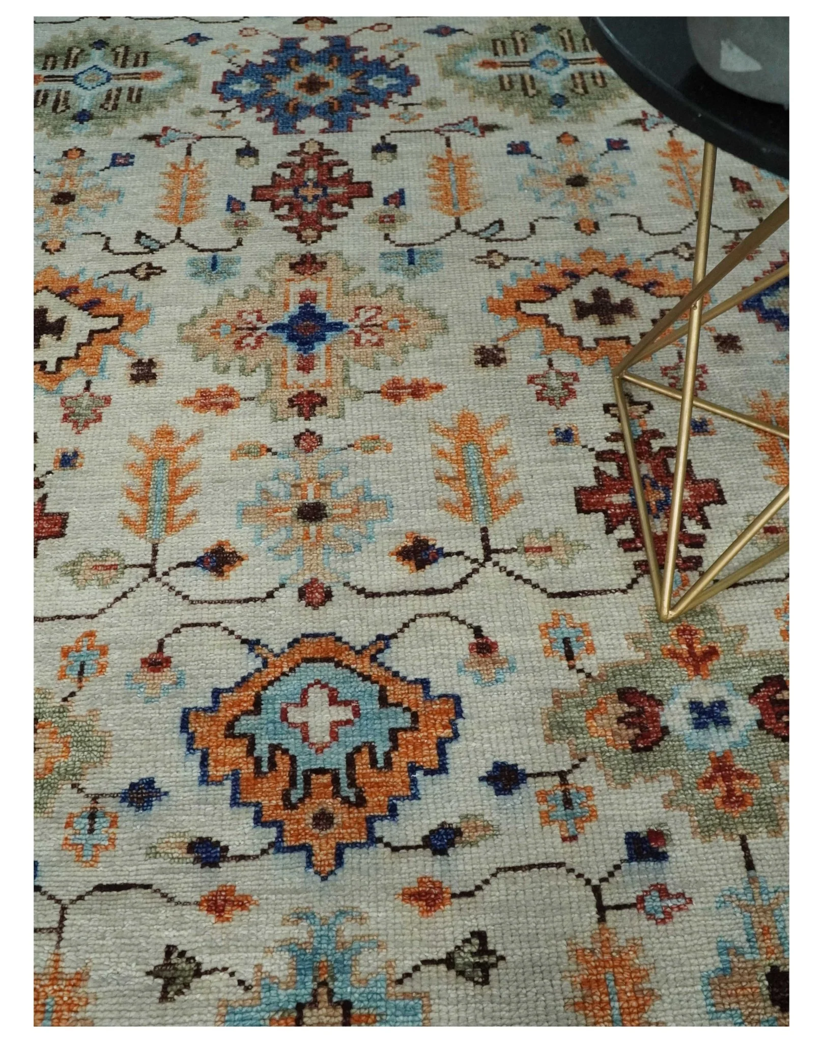 Turkish Knot Ivory and Green Colorful Traditional Multi Size Hand knotted Oushak Rug - Image 2