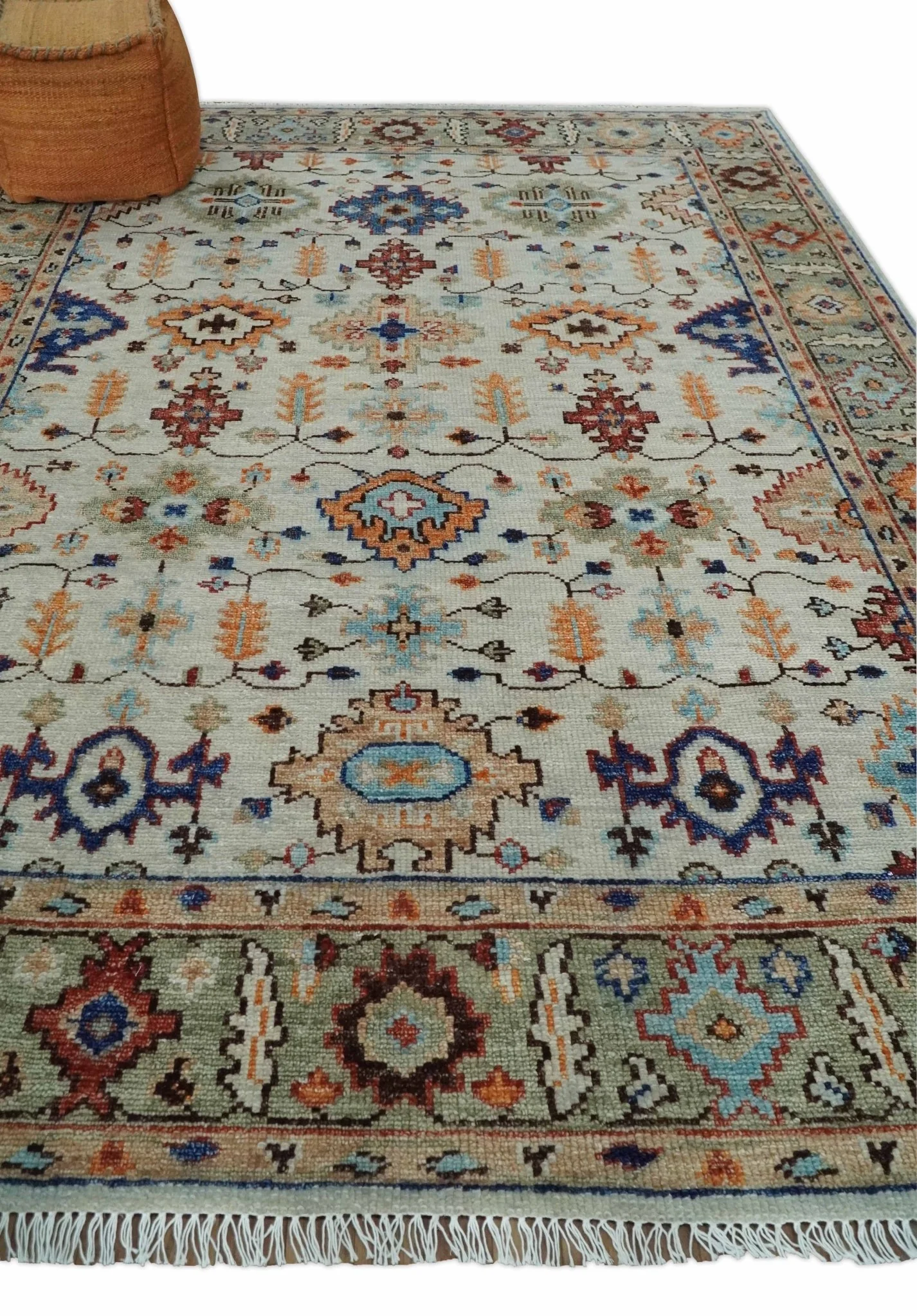 Turkish Knot Ivory and Green Colorful Traditional Multi Size Hand knotted Oushak Rug - Image 3