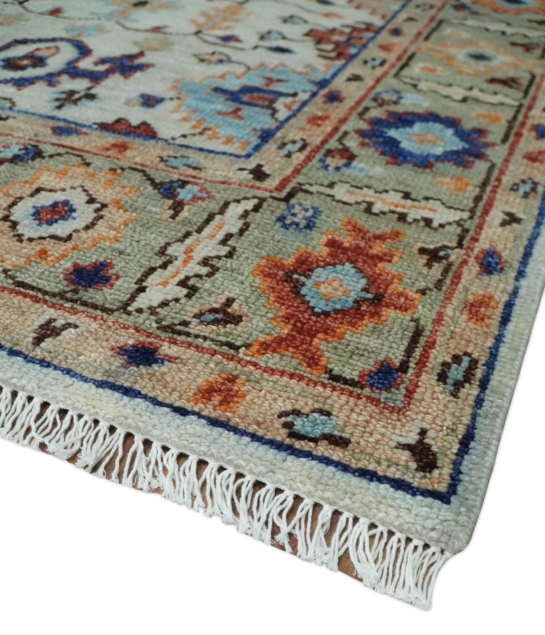 Turkish Knot Ivory and Green Colorful Traditional Multi Size Hand knotted Oushak Rug - Image 5