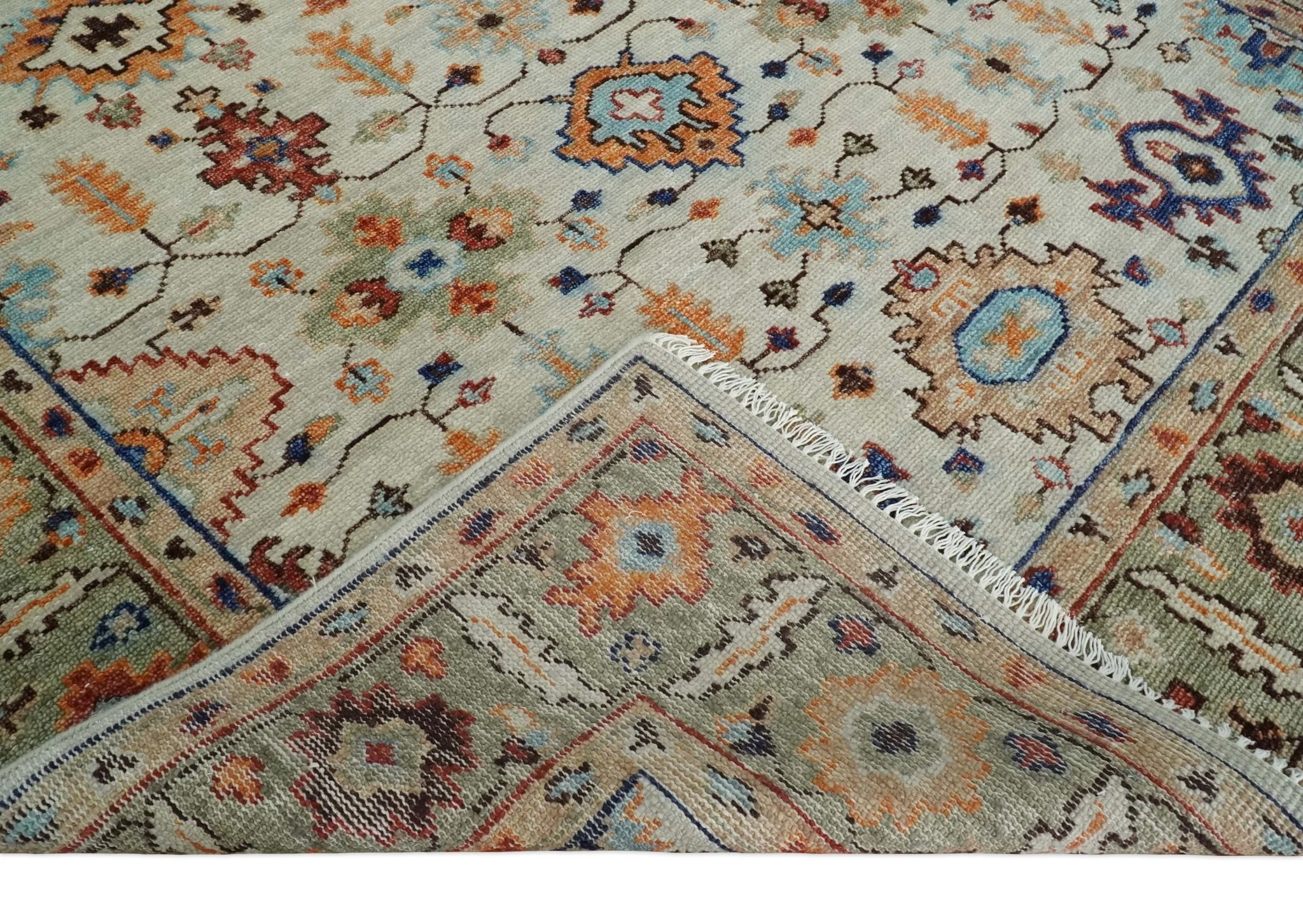 Turkish Knot Ivory and Green Colorful Traditional Multi Size Hand knotted Oushak Rug - Image 7