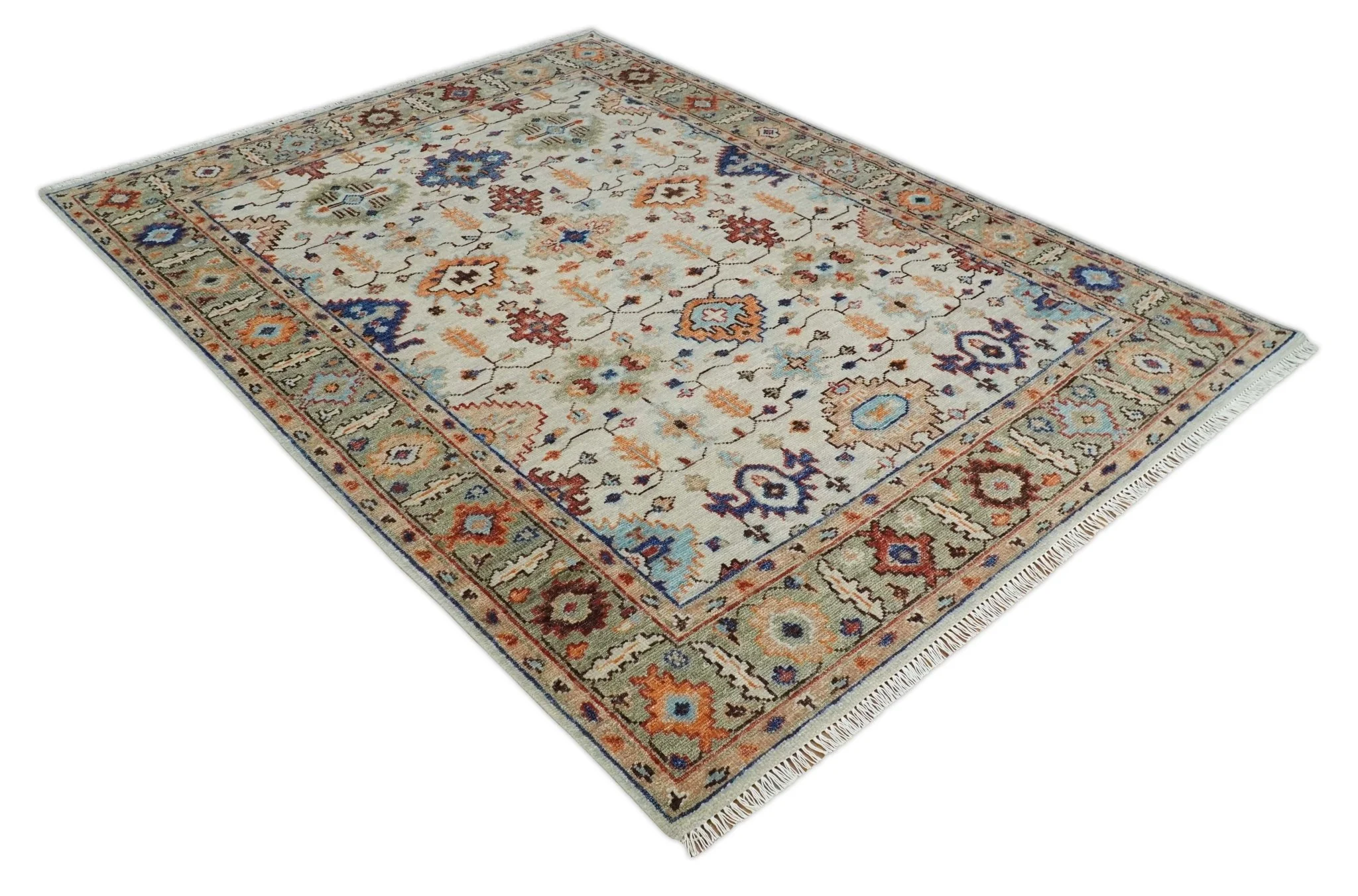 Turkish Knot Ivory and Green Colorful Traditional Multi Size Hand knotted Oushak Rug - Image 9