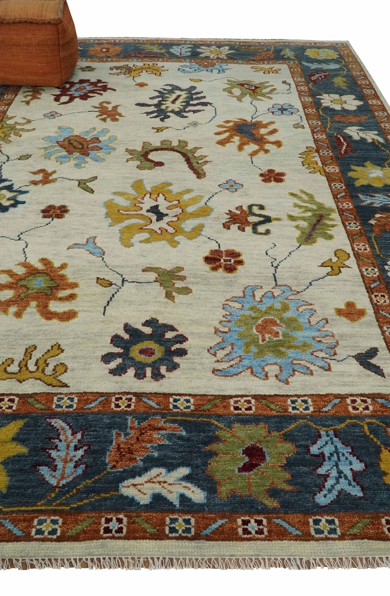 Vibrant Colorful Hand Knotted Ivory, Teal and Rust Traditional Oushak Multi size Wool Area Rug - Image 3