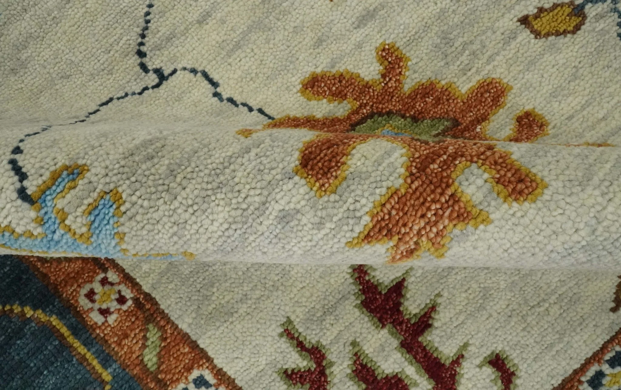 Vibrant Colorful Hand Knotted Ivory, Teal and Rust Traditional Oushak Multi size Wool Area Rug - Image 6