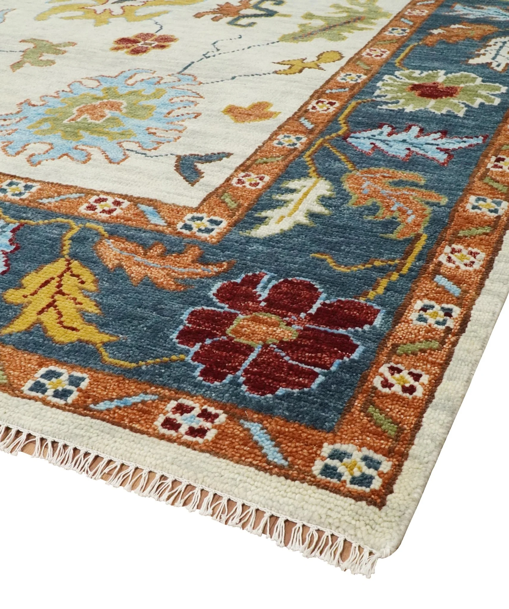 Vibrant Colorful Hand Knotted Ivory, Teal and Rust Traditional Oushak Multi size Wool Area Rug - Image 7