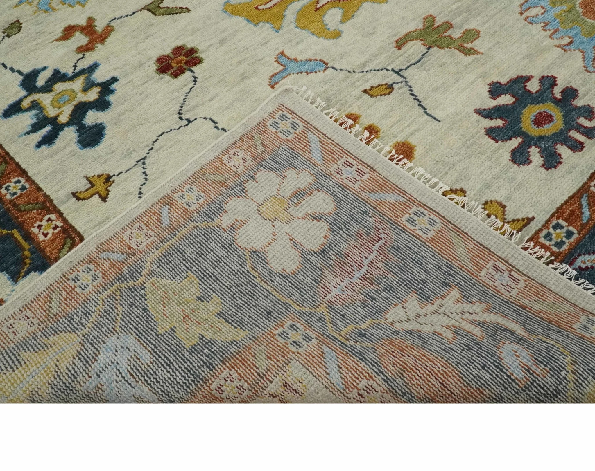 Vibrant Colorful Hand Knotted Ivory, Teal and Rust Traditional Oushak Multi size Wool Area Rug - Image 8