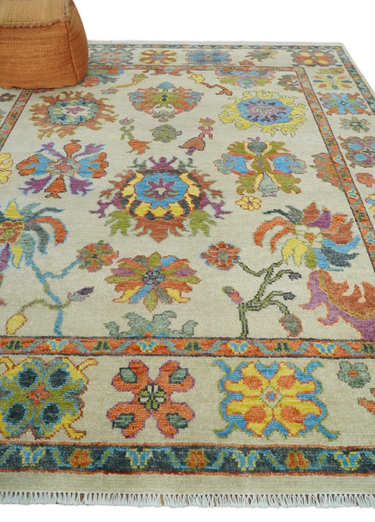 Vibrant Colorful Beige and Rust Traditional Oushak Custom Made wool Area Rug - Image 3