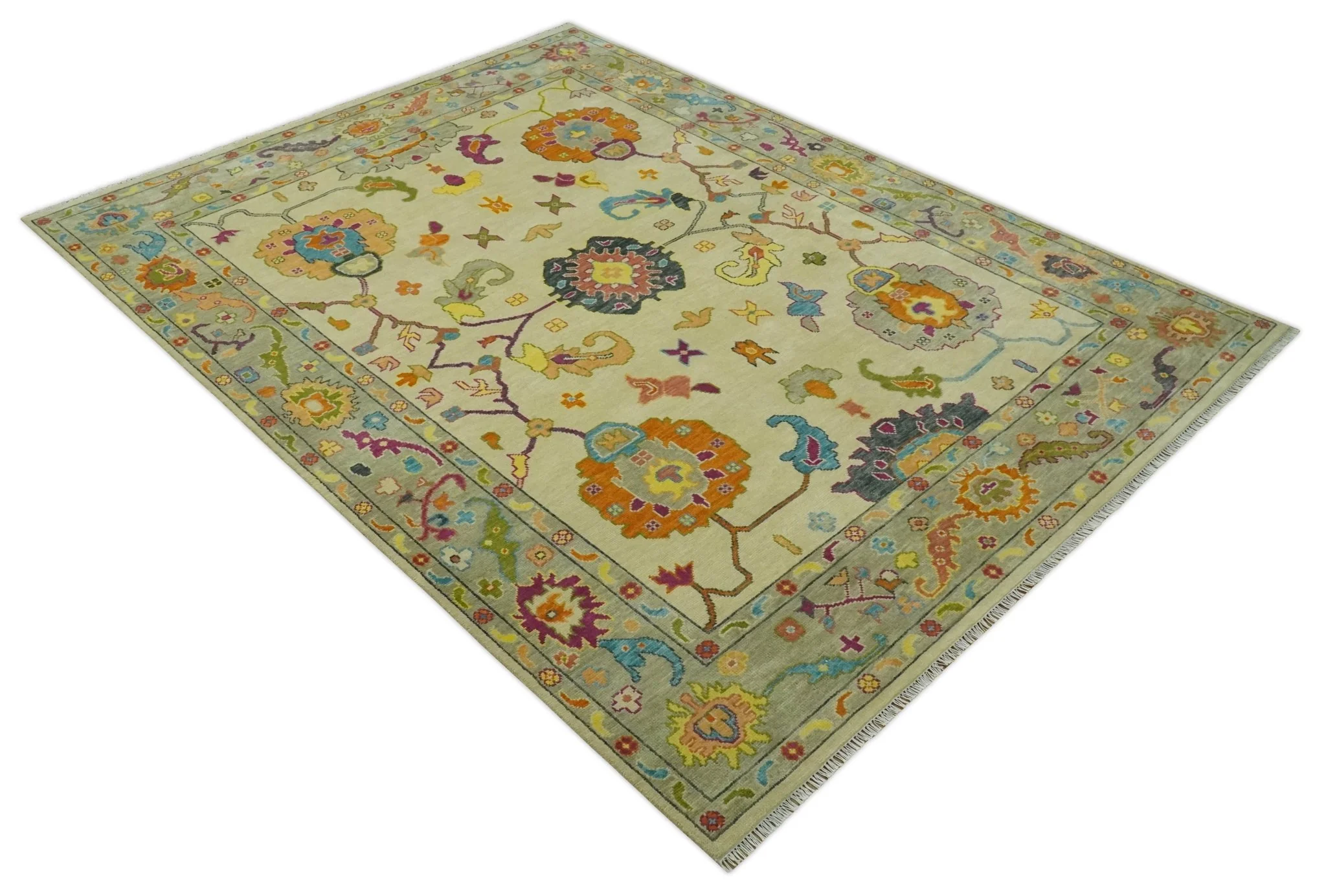 Vibrant Colorful Beige, Silver, Orange and Mustard Hand Knotted 9x12 Wool Area Rug - Image 10