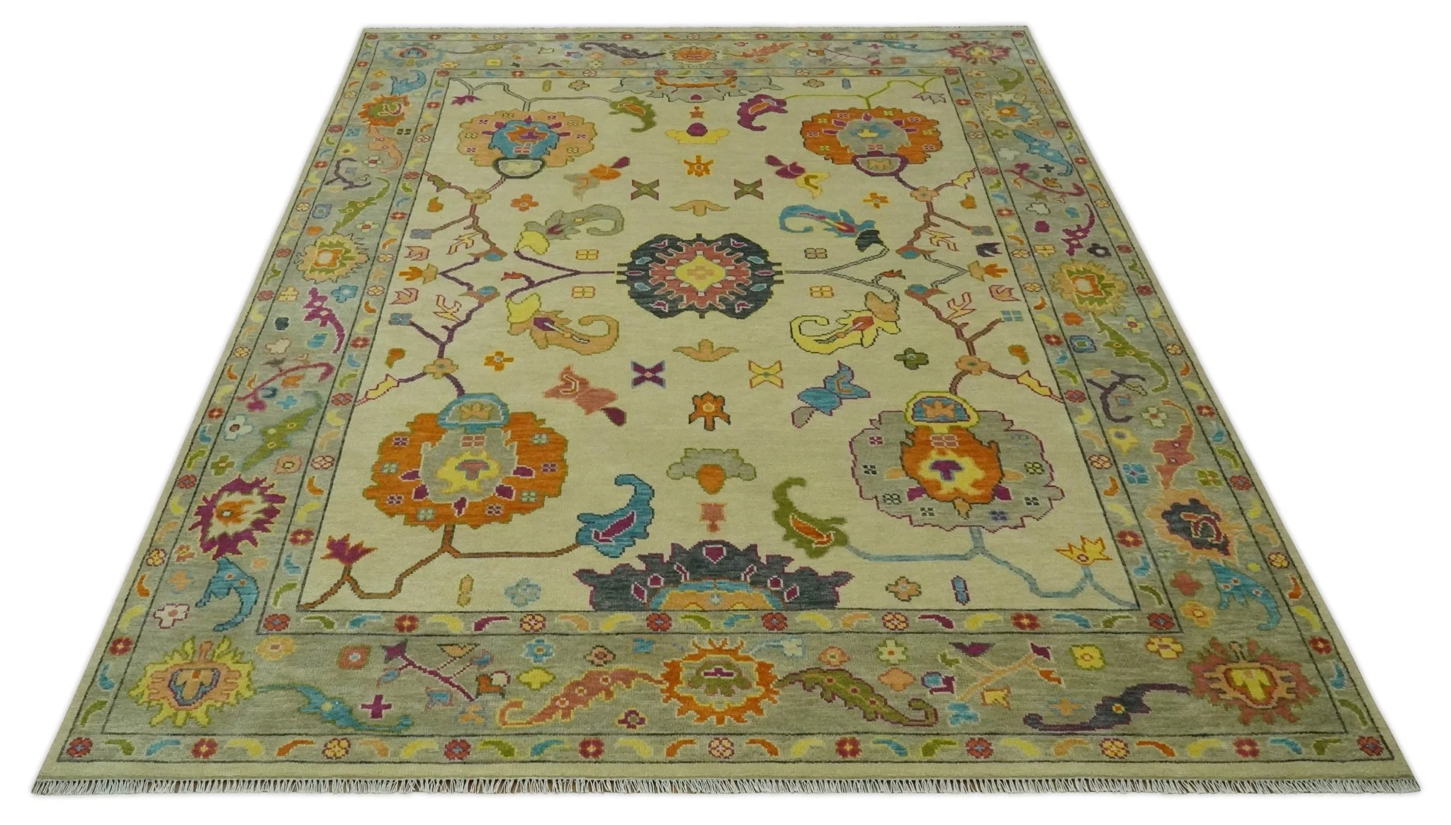 Vibrant Colorful Beige, Silver, Orange and Mustard Hand Knotted 9x12 Wool Area Rug - Image 11