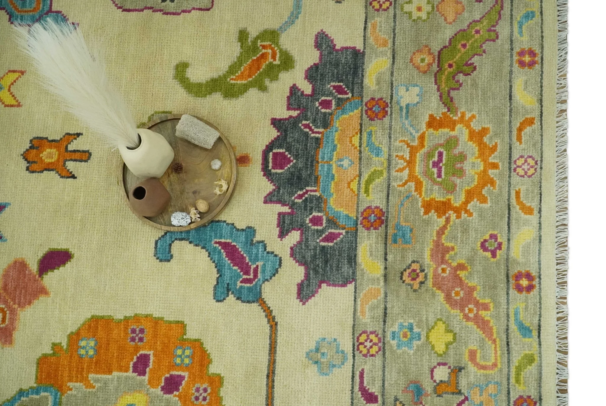 Vibrant Colorful Beige, Silver, Orange and Mustard Hand Knotted 9x12 Wool Area Rug - Image 12