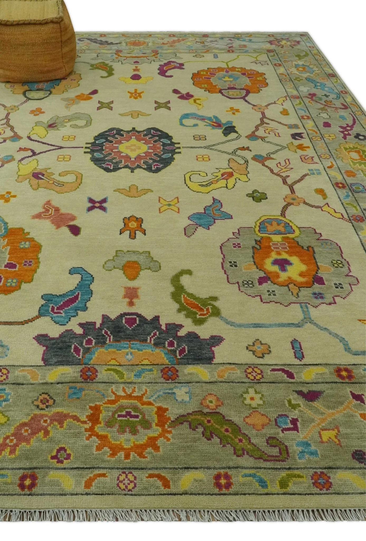 Vibrant Colorful Beige, Silver, Orange and Mustard Hand Knotted 9x12 Wool Area Rug - Image 3
