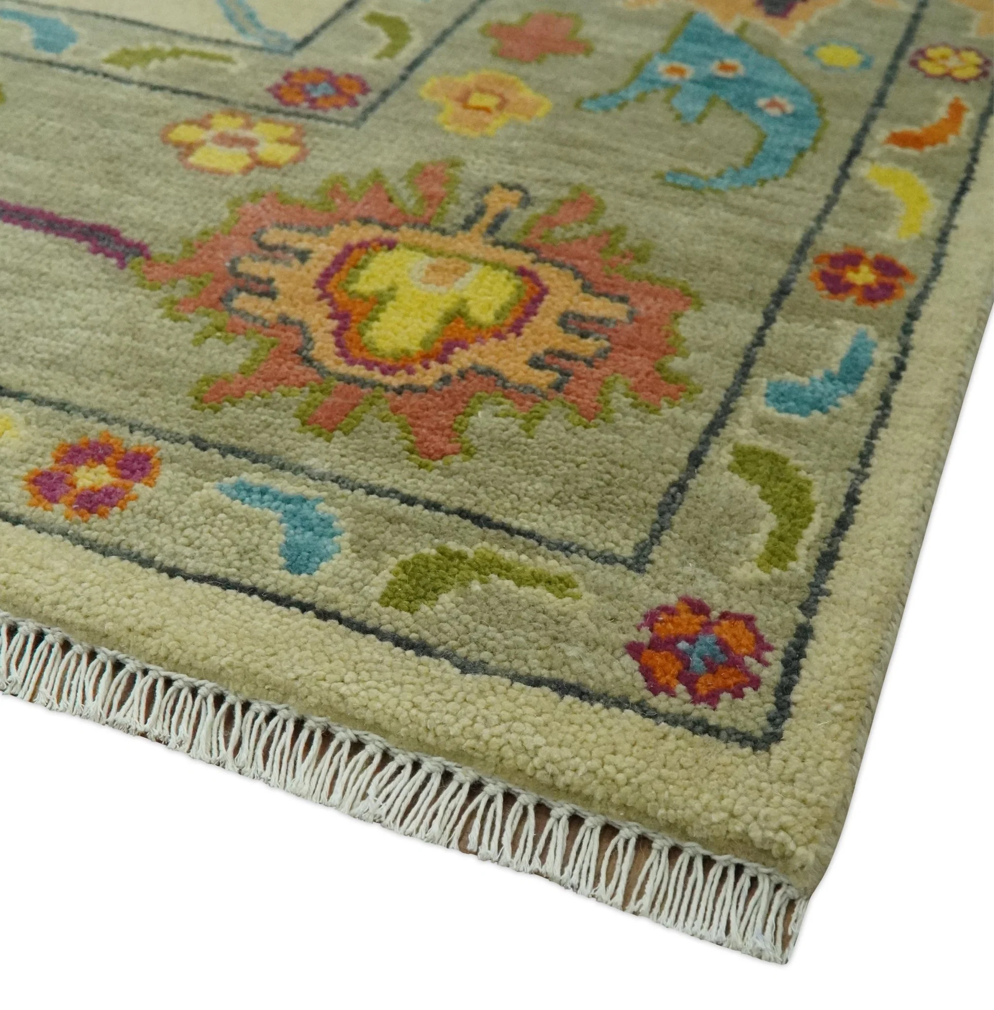 Vibrant Colorful Beige, Silver, Orange and Mustard Hand Knotted 9x12 Wool Area Rug - Image 5